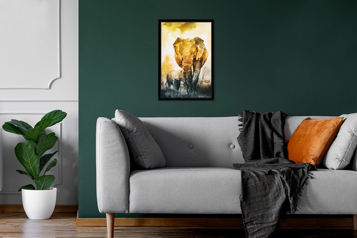 - Aquarell, - Elefant Poster MuchoWow Gerahmtes Wandposter, Bilderrahmen (1 St), Poster, Kind Wanddeko, Bilder, Schwarzem