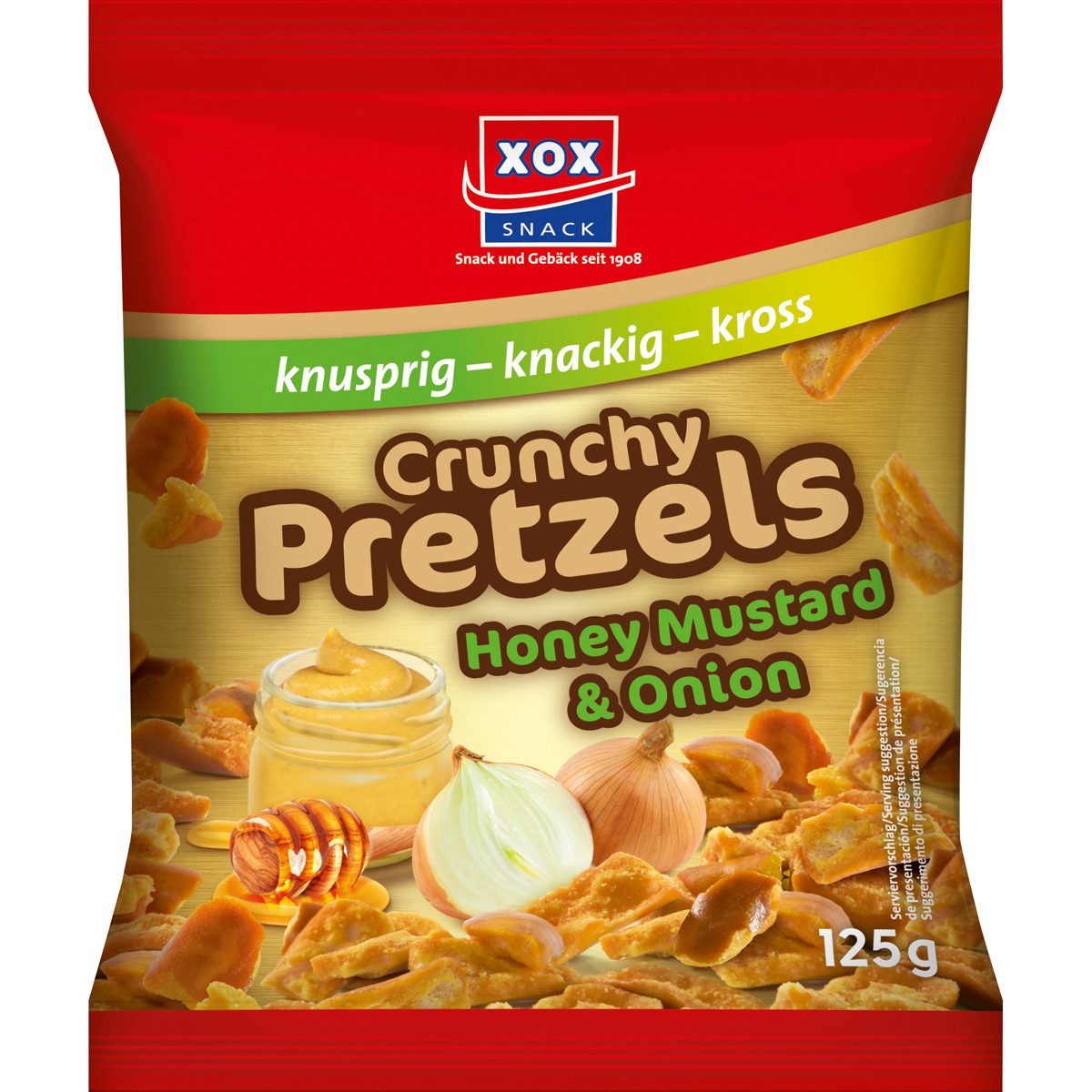 XOX Knabberei, XOX Crunchy Pretzels Honey Mustard und Onion Brezelstückchen 125g