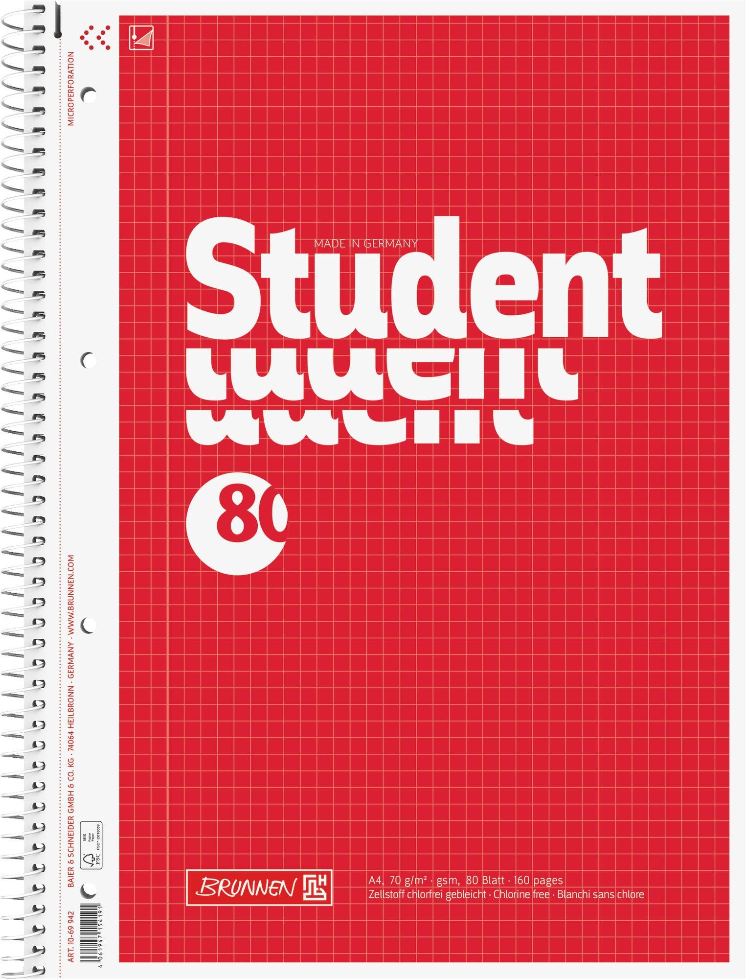 Baier & Schneider Collegeblock Collegeblock Student A4 80 Blatt kariert rot