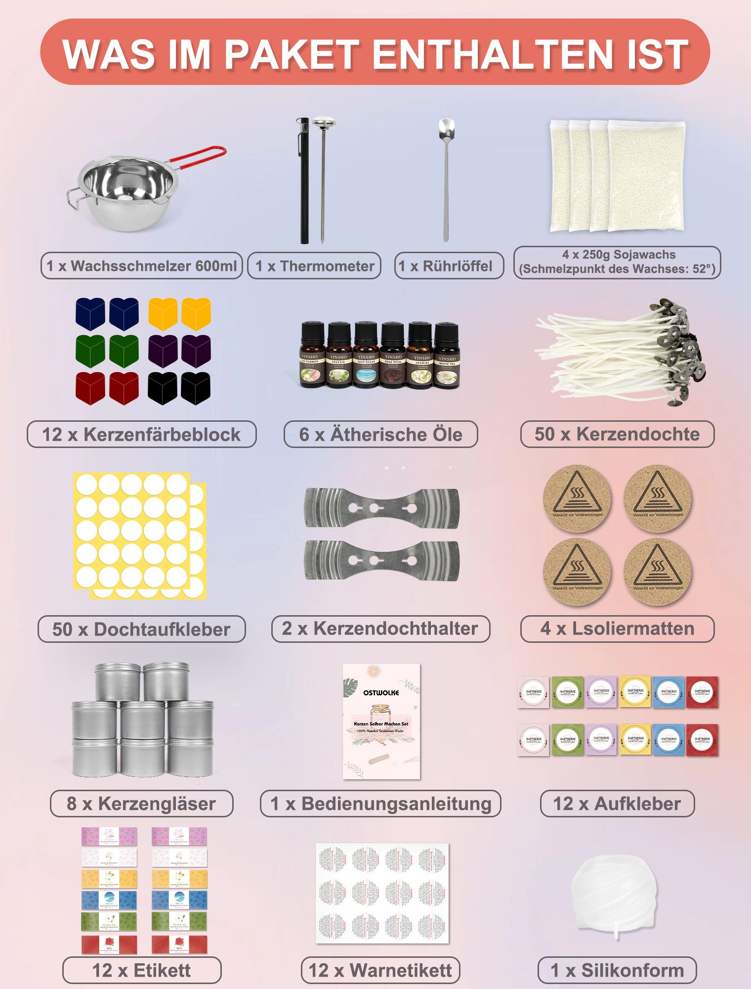 OSTWOLKE Duftkerze Kerzenherstellung Kit DIY Kerzen Selber Machen Set Duftkerze Geschenke (1-tlg)