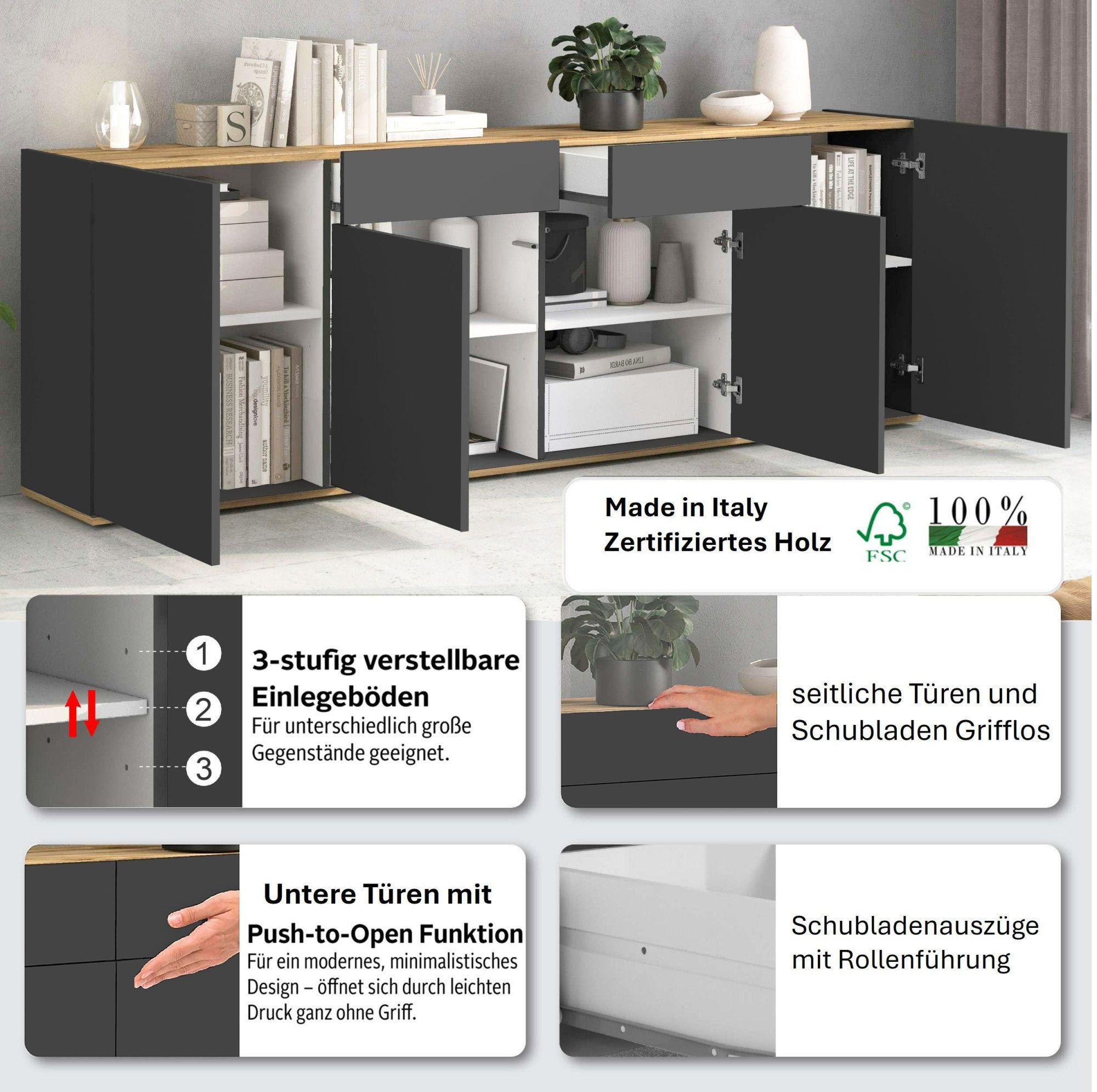 OTTO home Sideboard GARDA, Kommode, Schrank, untere Türen mit Push-to-Open, Made in Italy (1 St), 4 Türen, 2 Schubladen, grifflos Breite 200 cm, anthrazit/eiche matt