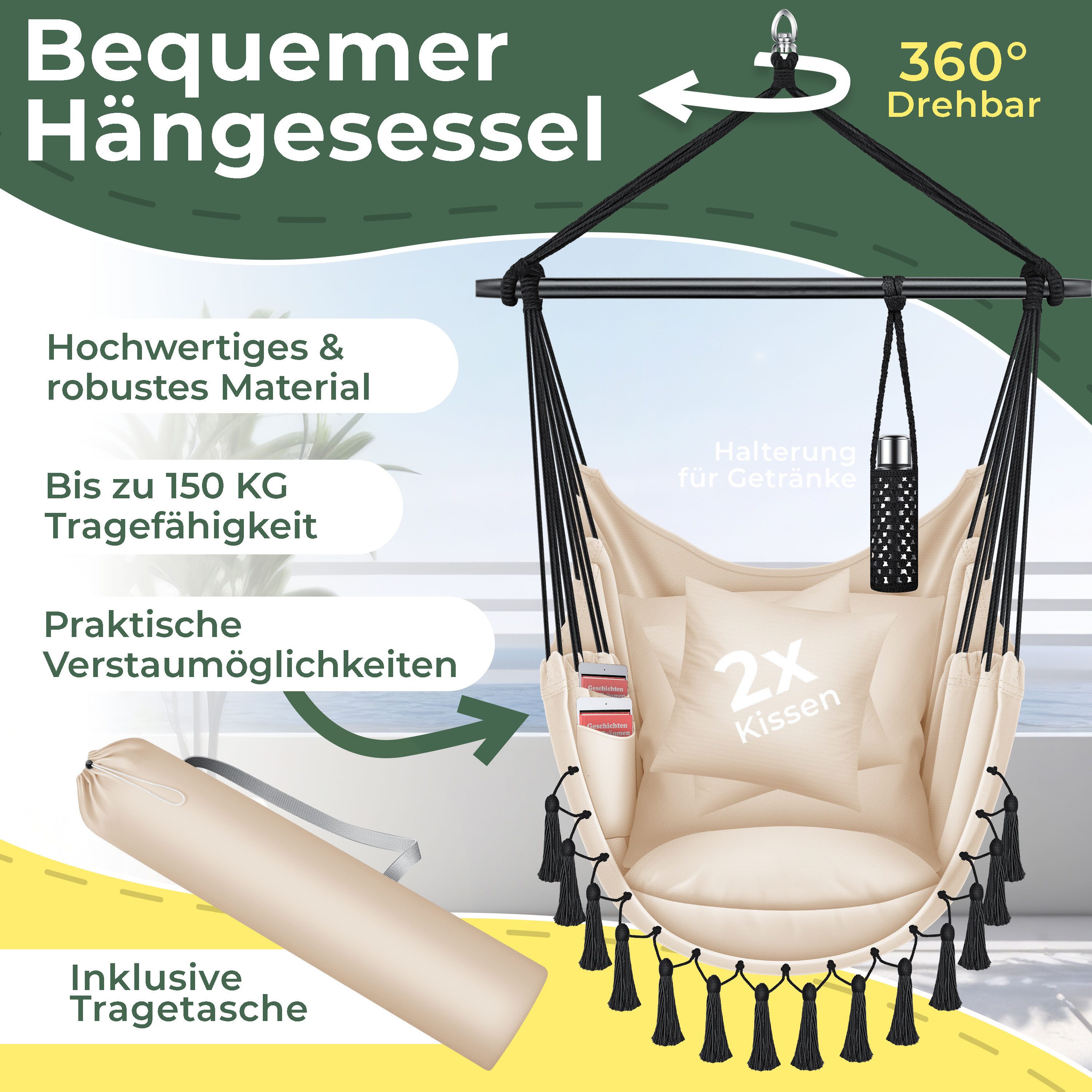 KESSER Hängesessel, Hängestuhl mit Kissen, Getränkehalter & Bücherfach belastbar bis 150kg