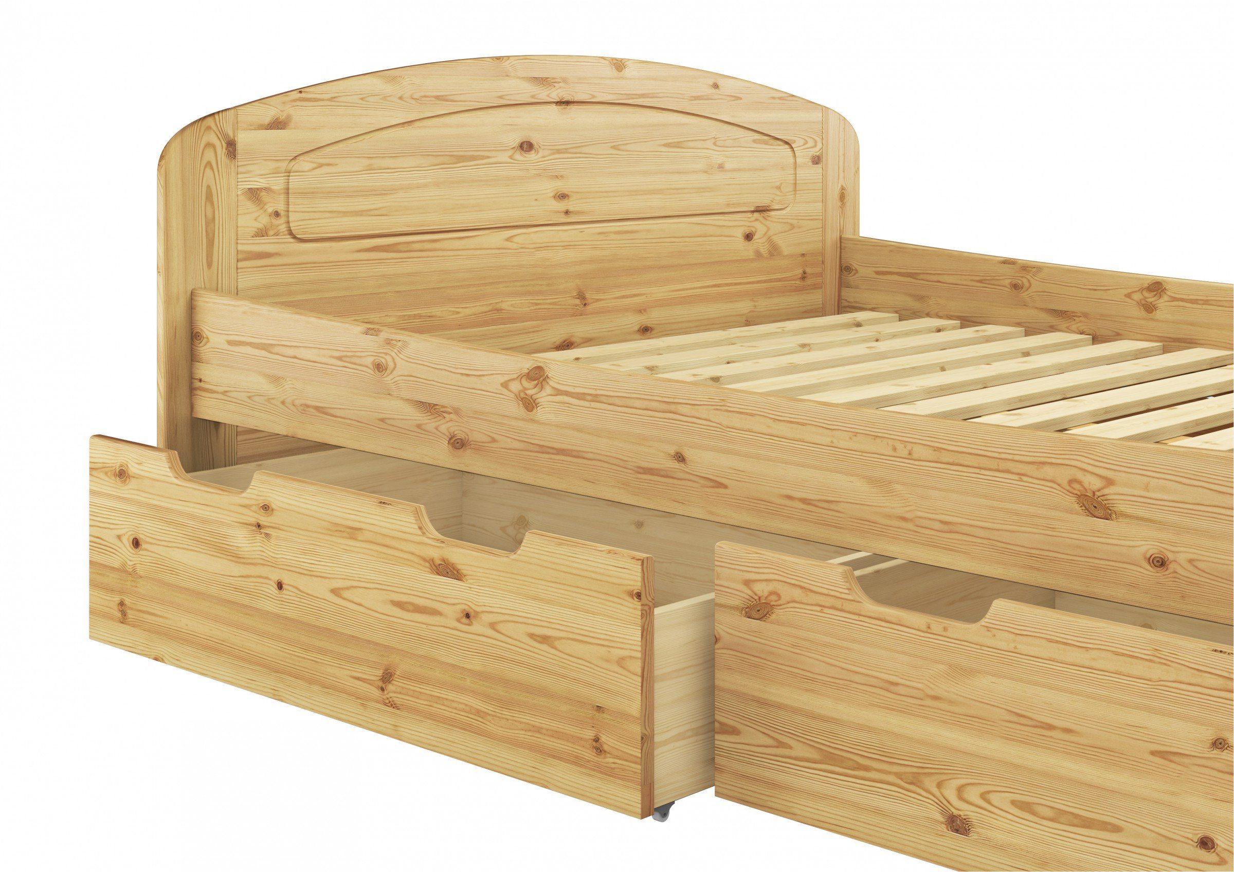 ERST-HOLZ Bett Doppelbett 180x200 Kiefer mit 3 Bettkasten Kiefer + Rollrost, Kieferfarblos lackiert