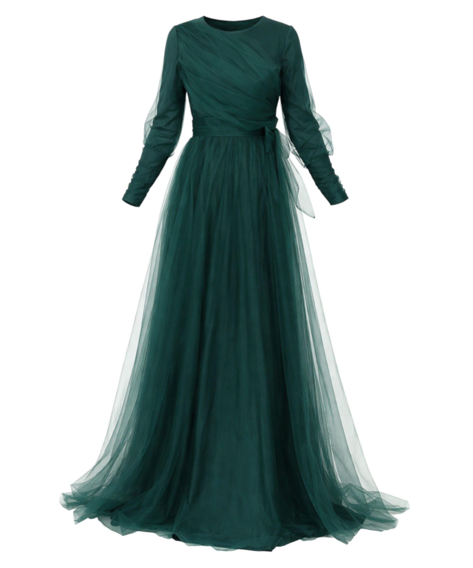 Modavitrini Tüllkleid Maxikleid langarm Abendkleid festlich elegant mit Gürtel bodenlang gefüttert, blickdicht