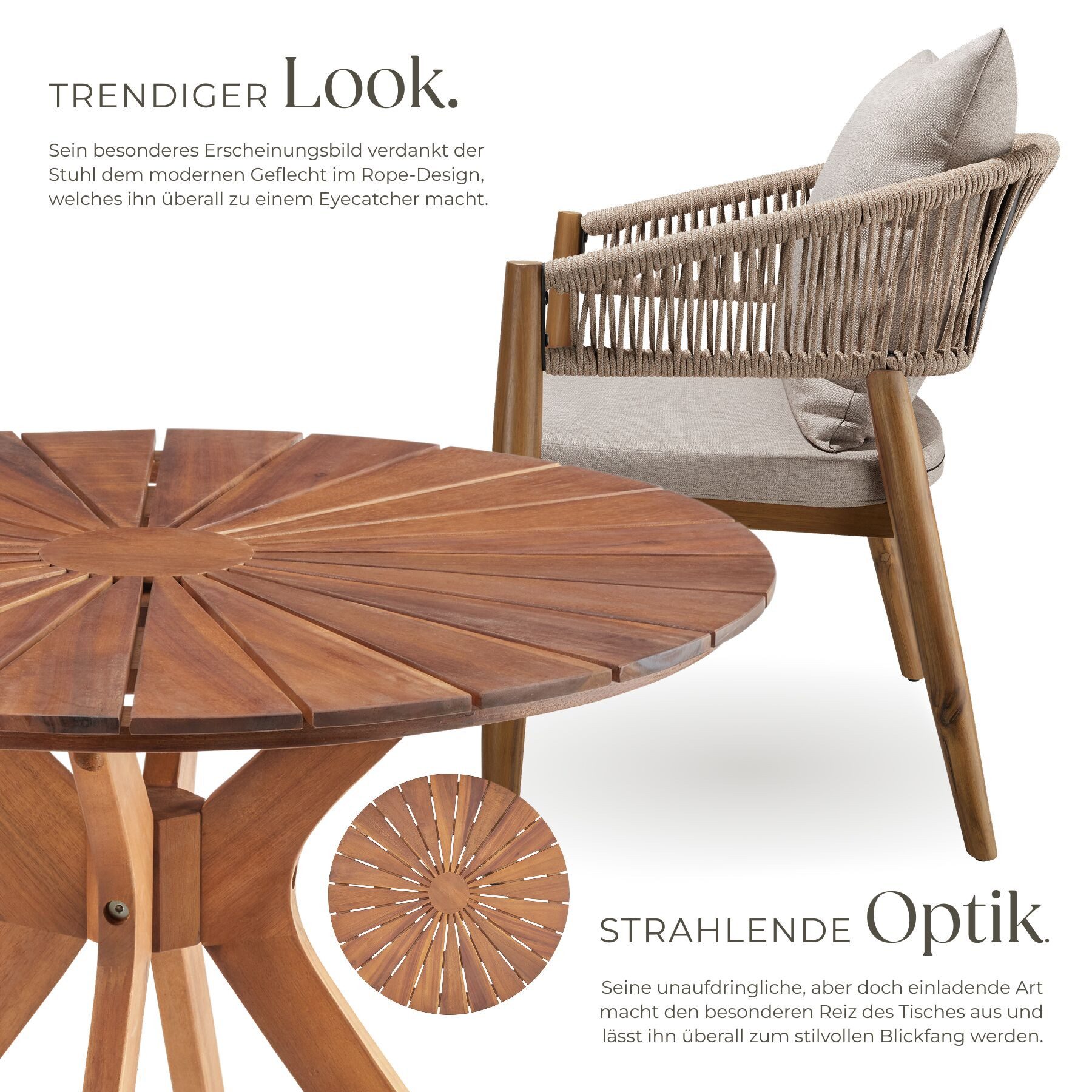 tectake Gartenlounge-Set Runder Tisch aus Akazienholz mit Sonnenmuster, wetterfest, (Set., 3-tlg., in Sand), wasserabweisende Polyesterbezüge, Inkl. Polster und Kissen