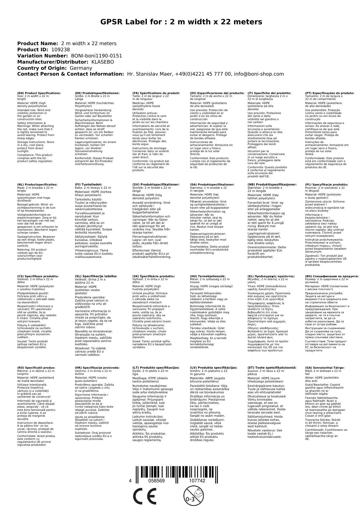 KLASEBO® Sichtschutzzaunmatten Sichtschutznetz, Windschutz, Boni-Shop, 2x22m, Grün