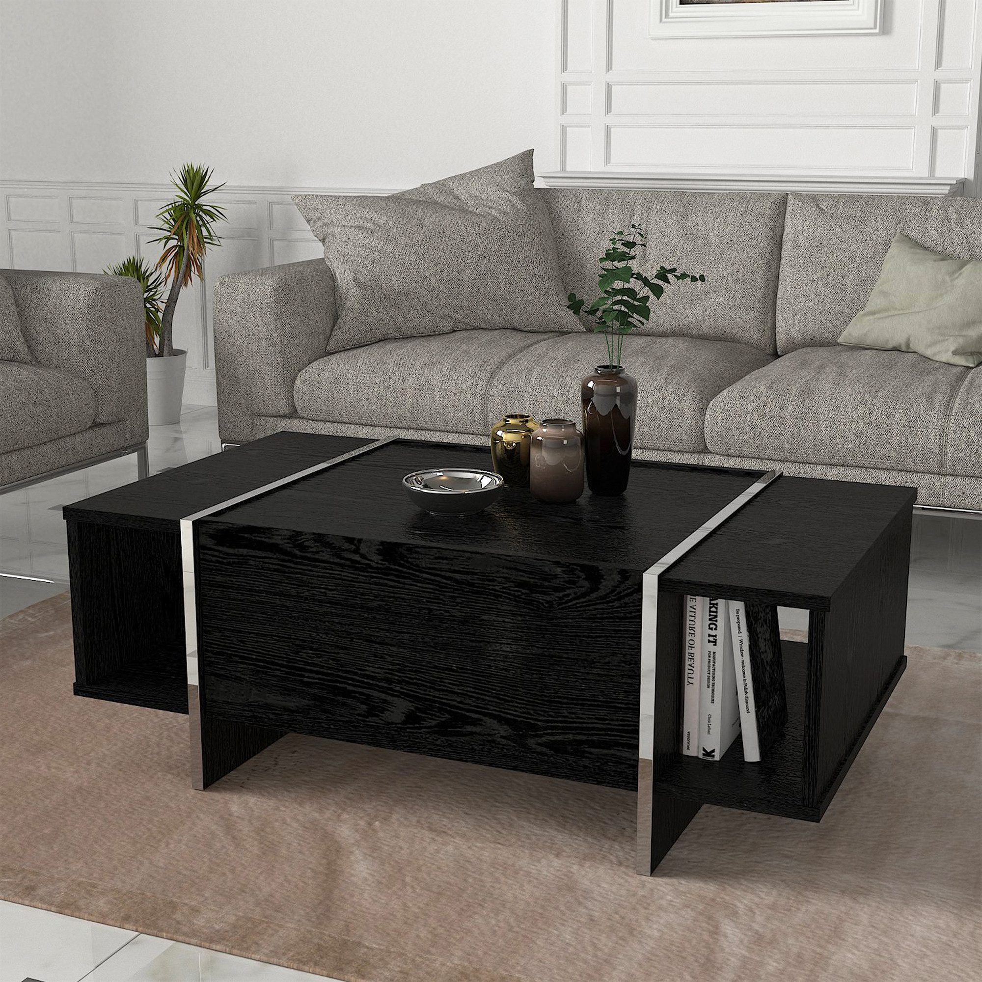 en.casa Couchtisch, »Tavak« 104 x 60 x 38 cm mit Stauraum Schwarz/Silber