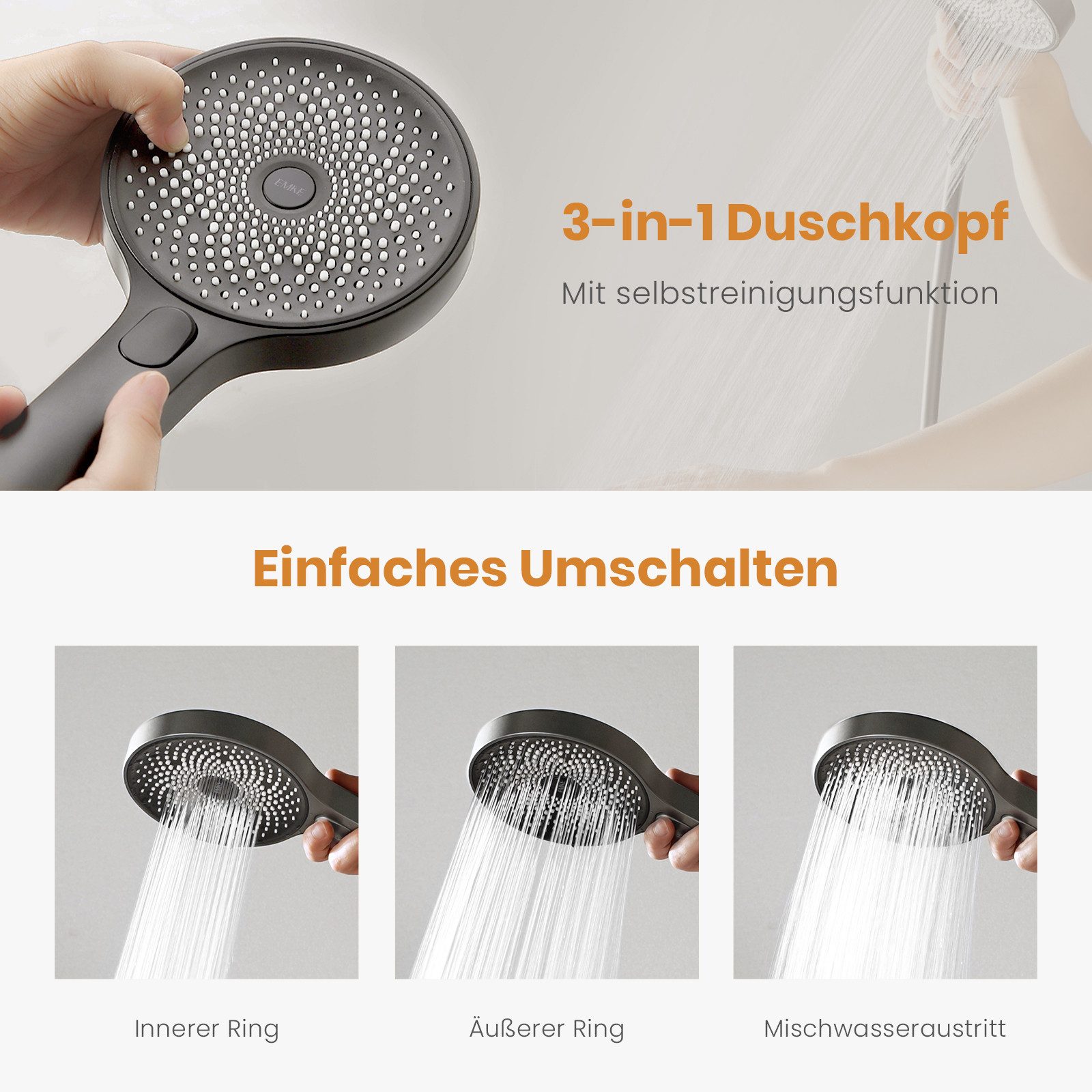 EMKE Duschsystem Set,mit separatem 38° Thermostat, Duschkopf, Schlauch und Halterung, 3 Strahlart(en), Brauseschlauch mit Verdrehschutz, 3F-Funktion (Regenstrahl,Strahlwasser, Mix),ABS-Gehäuse,1.5 m Schlauch