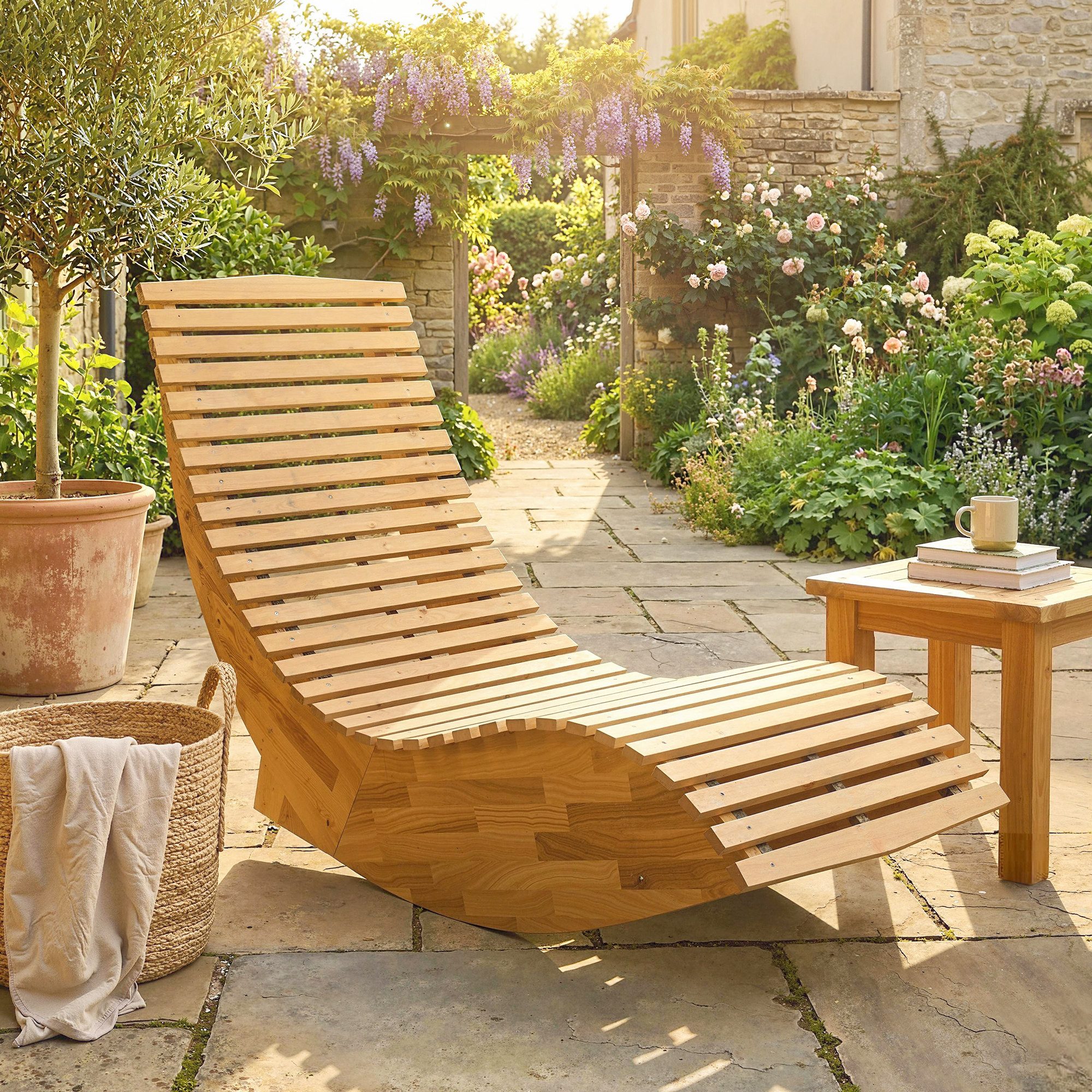 Outsunny Schaukelstuhl Gartenliege mit S-Form Latten-Design, bis 120kg Schaukelliege (Sonnenliege, 1 St), für Garten Balkon Hof Terrasse 60 x 156 x 77 cm