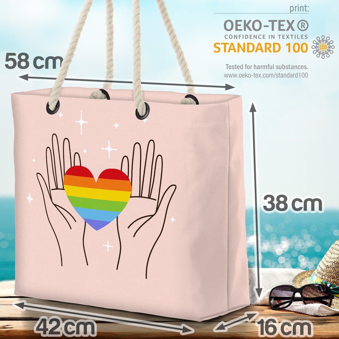 VOID Strandtasche (1-tlg), Happy Heart Gay gestreift Pride flag pride parade LGBTQ Partner Hände