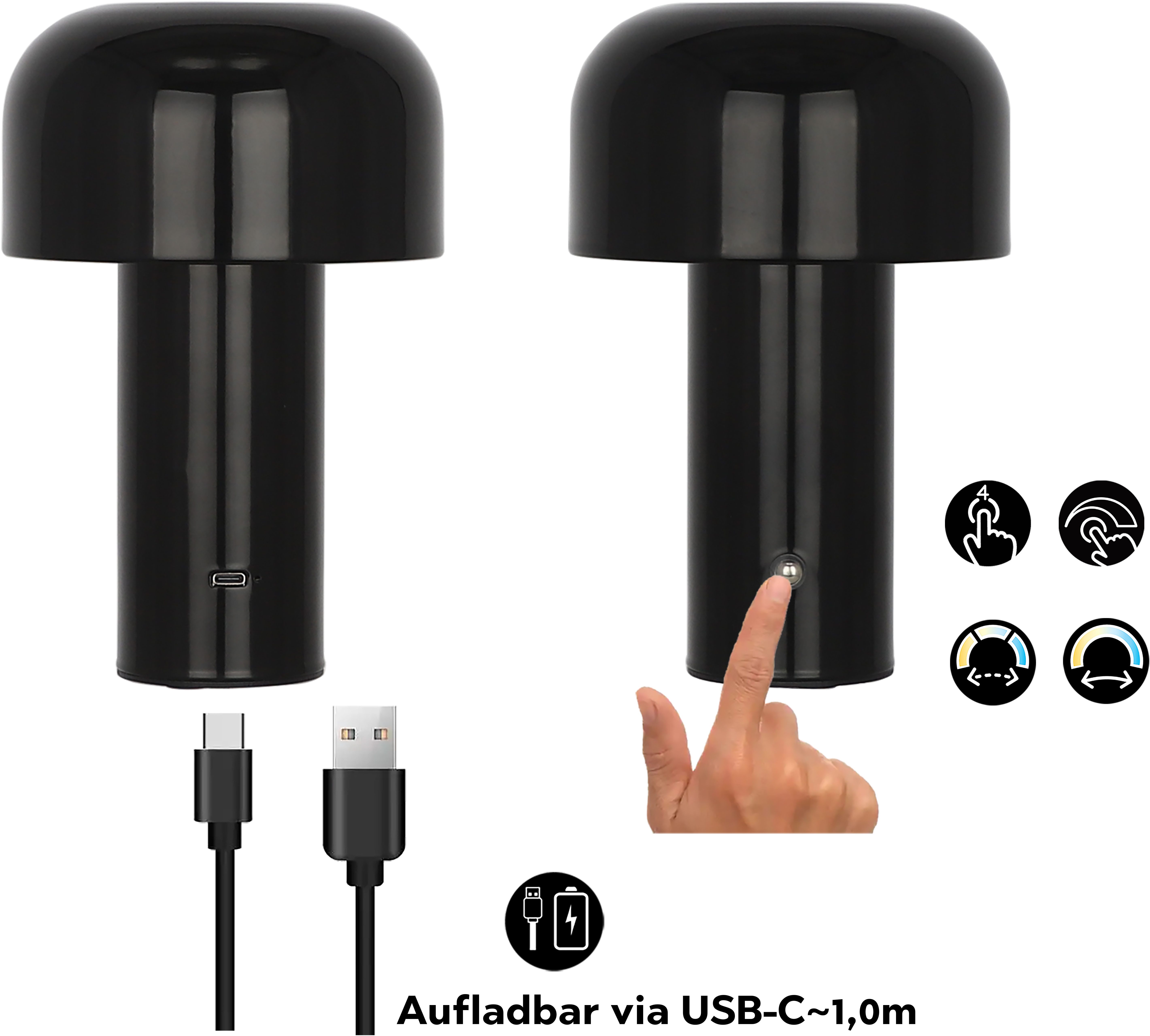 OTTO home LED Tischleuchte Ronno, Dimmer, Dimmfunktion, Ein-/Ausschalter, Farbsteuerung, USB-Ladefunktion, mehrere Helligkeitsstufen, LED fest integriert, warmweiß - kaltweiß, USB-C, Akku, Typ-C-Ladekabel, CCT, Tischlampe kabellos, Akkulampe