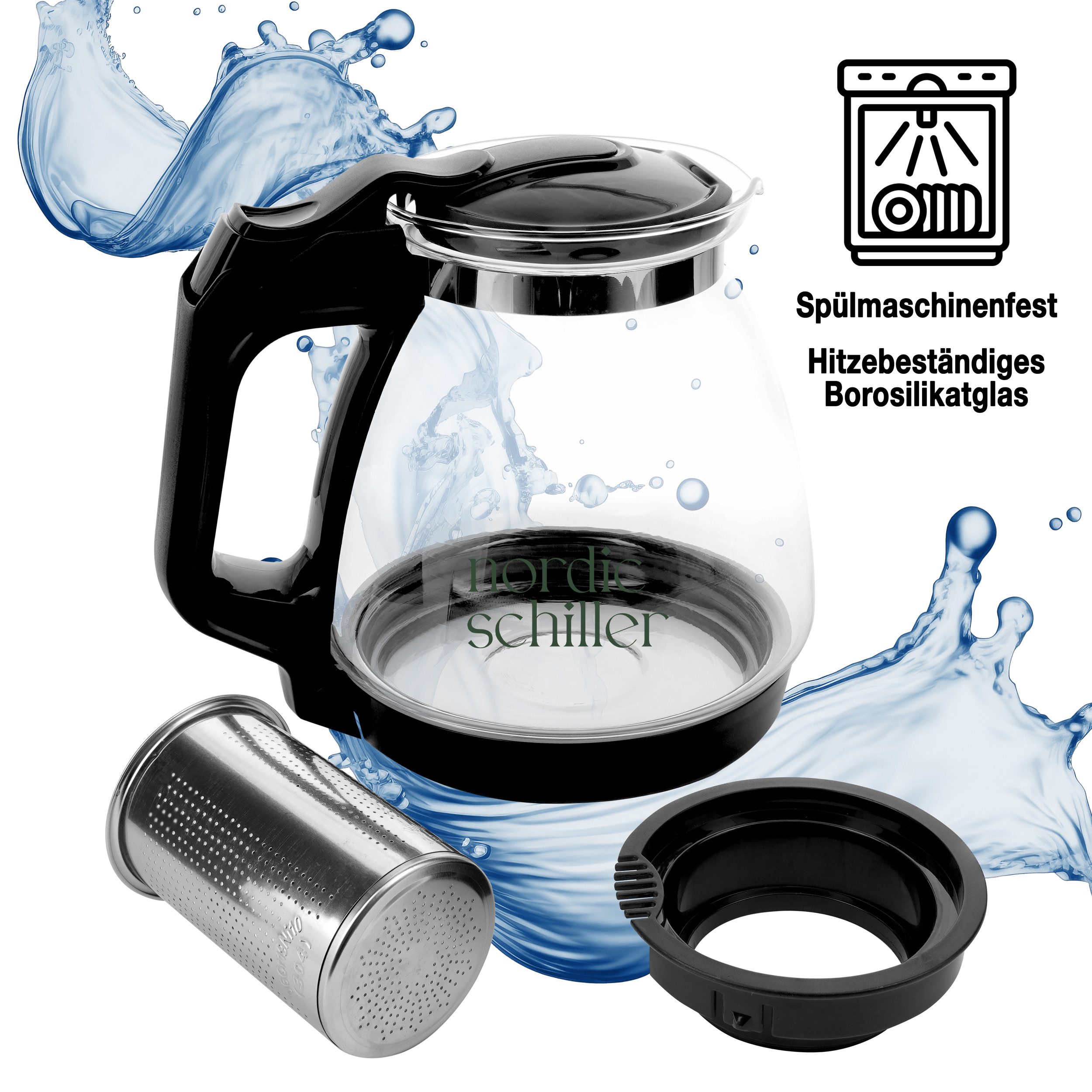 Nordic Schiller Teekanne Premium Teekanne Glas, Hitzebeständig Glaskanne mit Siebeinsatz, 1.7 l, Hitzebeständig Glaskanne mit Deckel, geeignet für Spülmaschine