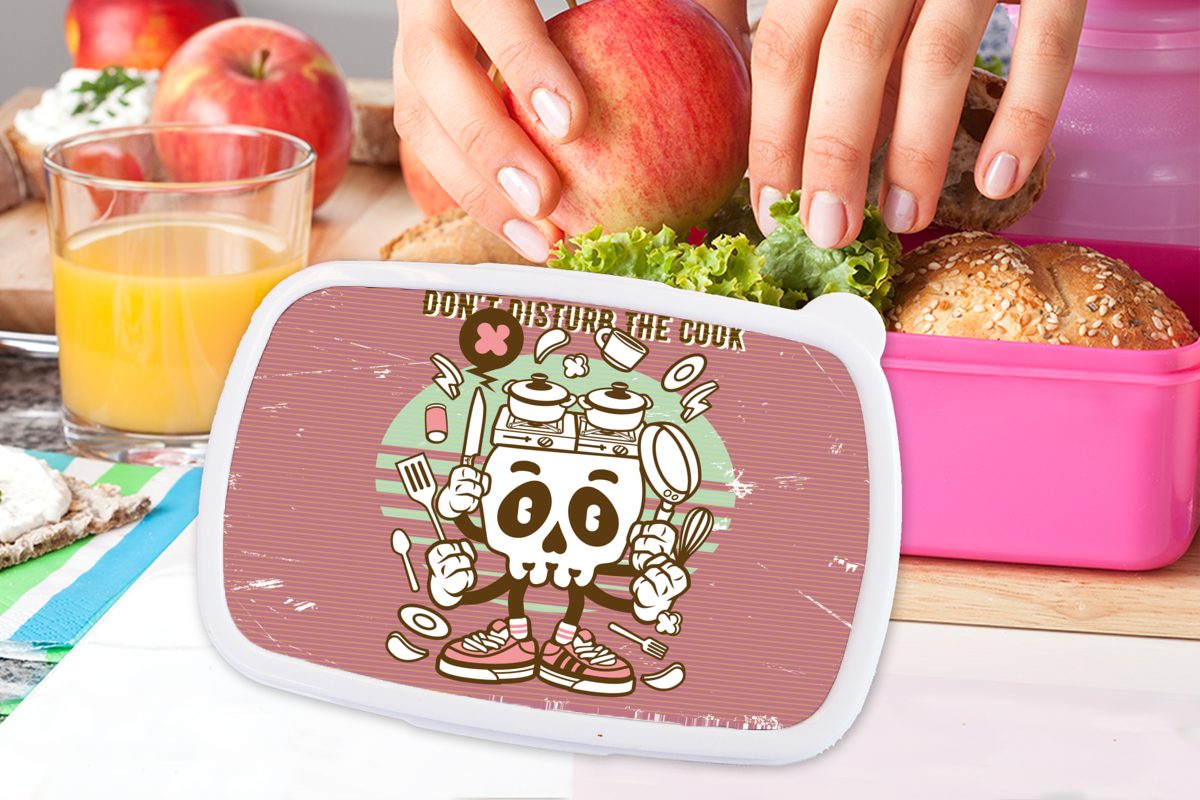 MuchoWow Lunchbox Totenkopf - Küchenutensilien - Brotbox Mädchen, rosa Snackbox, für Erwachsene, (2-tlg), Brotdose Retro, Kunststoff, Kinder, Kunststoff