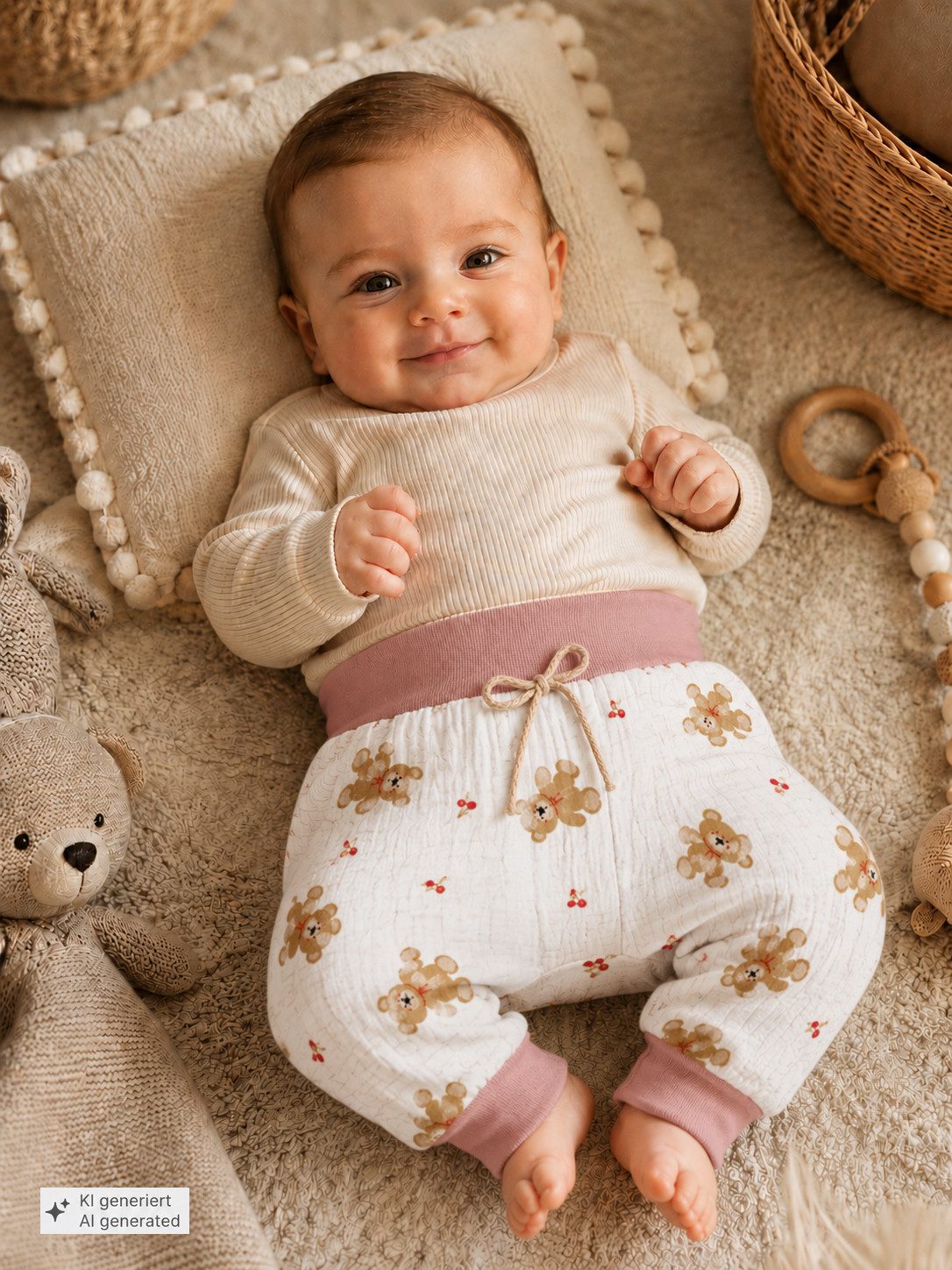 La Bortini Schlupfhose Baby Hose aus Musselin mit Bärchen Muster Erstlingshose (für Neugeborene) luftig, weich, neutral, 44 50 56 62 68 74 80 86
