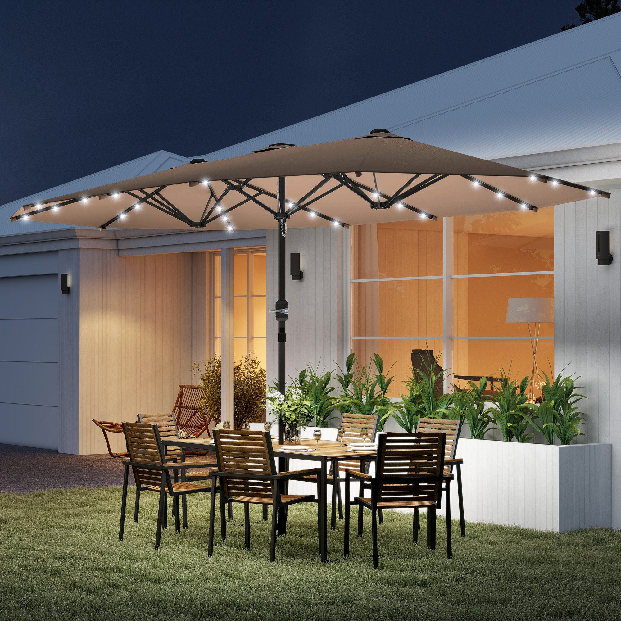 Outsunny Sonnenschirm Mit LED Doppelsonnenschirm Terrassenschirm mit Handkurbel, LxB: 260x443 cm, Marktschirm, Gartenschirm, Oval Metall Khaki