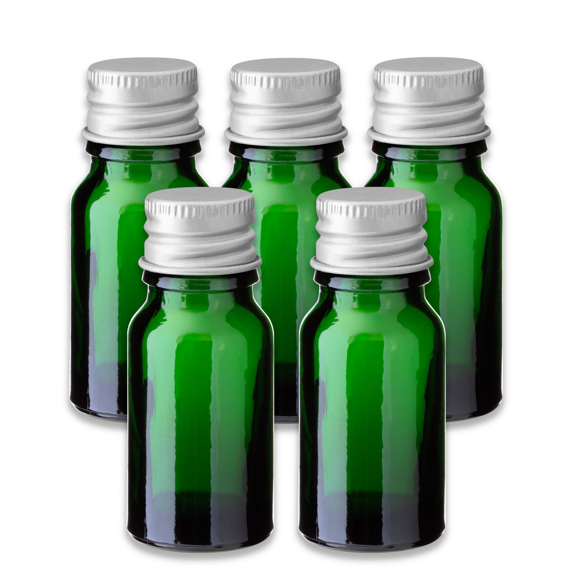 CK Verpackung GmbH Leerglas 5x Grüne Glasflasche 10 ml mit silbernem Aluminiumverschluss – Leer (Set x5)