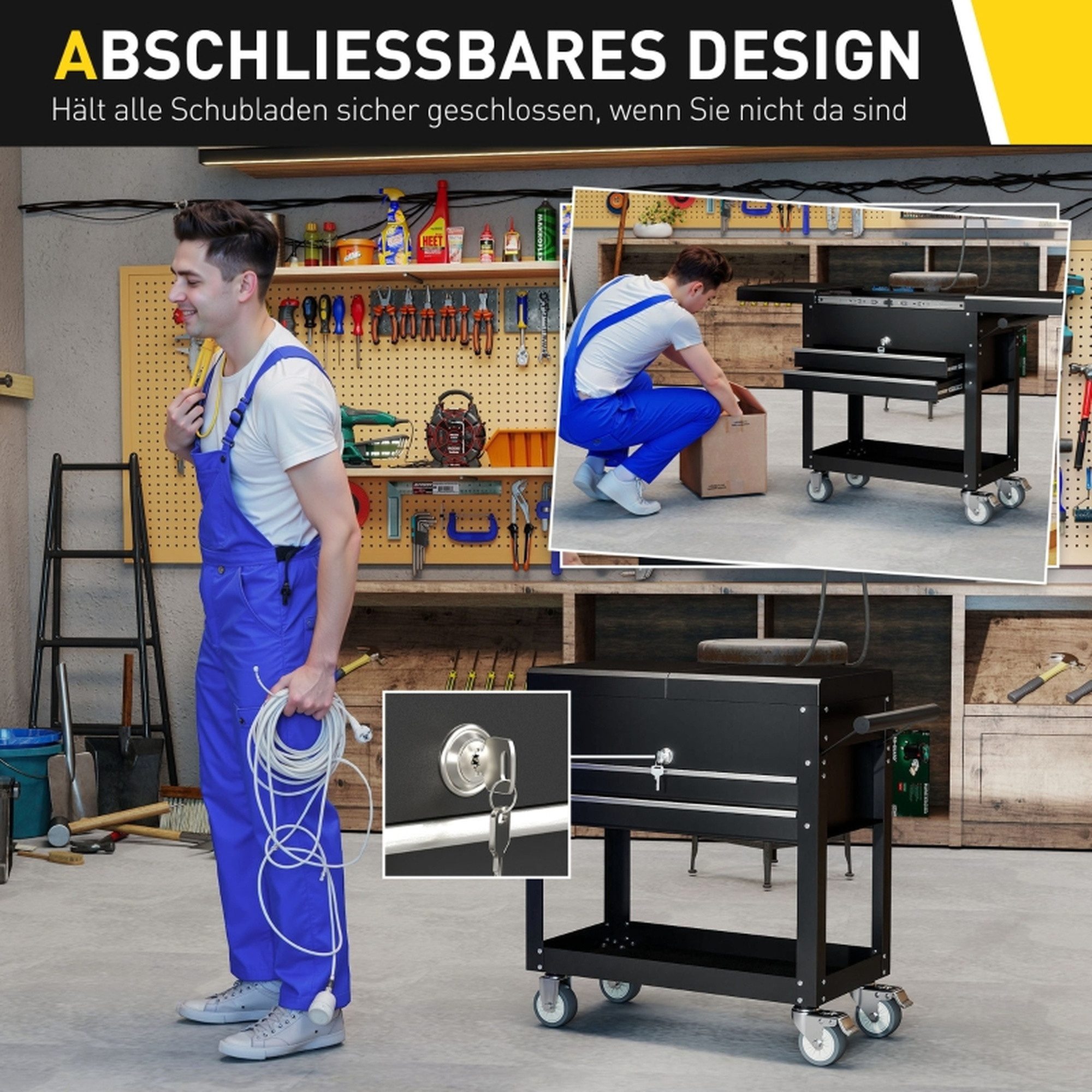 MC Star Werkzeugschrank Rollender Werkzeugschrank, Werkzeugkasten mit Schubladen (Arbeitsfläche, verschließbar, mit Griff, Stahl, Schwarz)