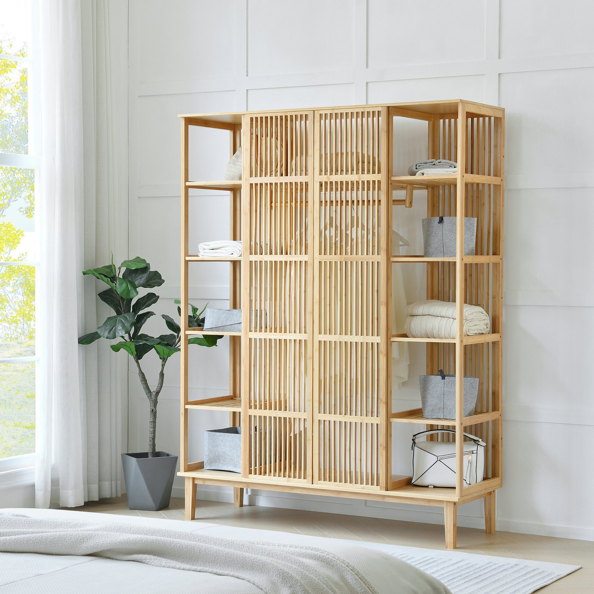 en.casa Kleiderschrank »Hudiksvall« Ablagen185x140x45cm 10 Staufächern, großen 2 mit Natur