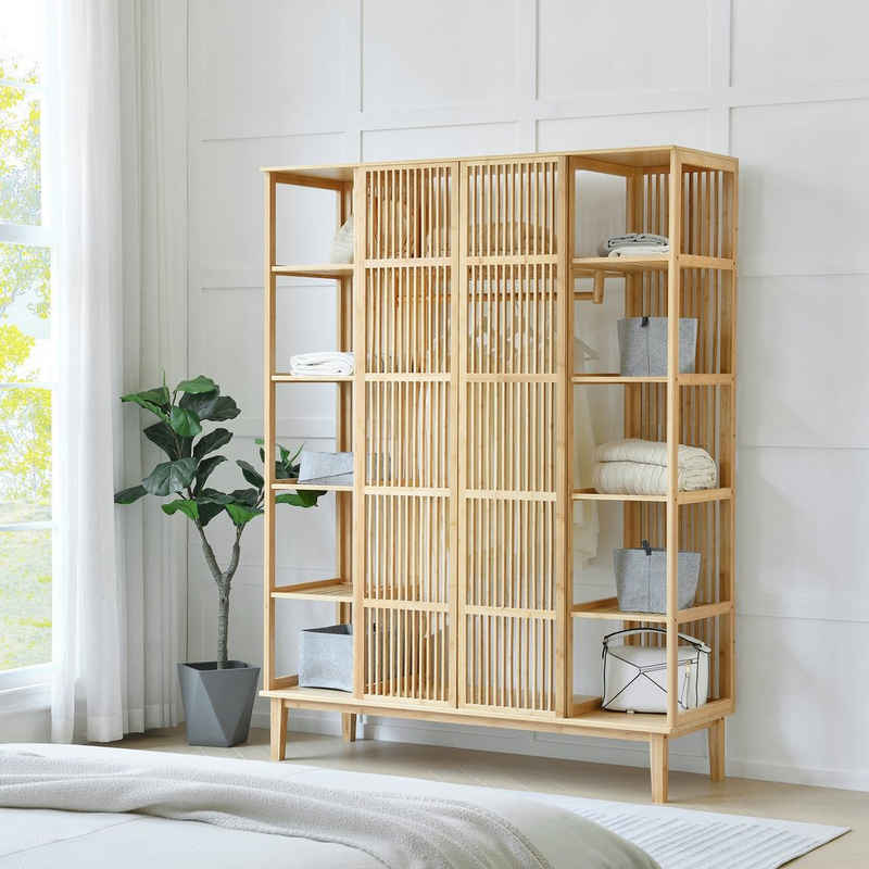 en.casa Kleiderschrank »Hudiksvall« mit 10 Staufächern, 2 großen Ablagen185x140x45cm Natur