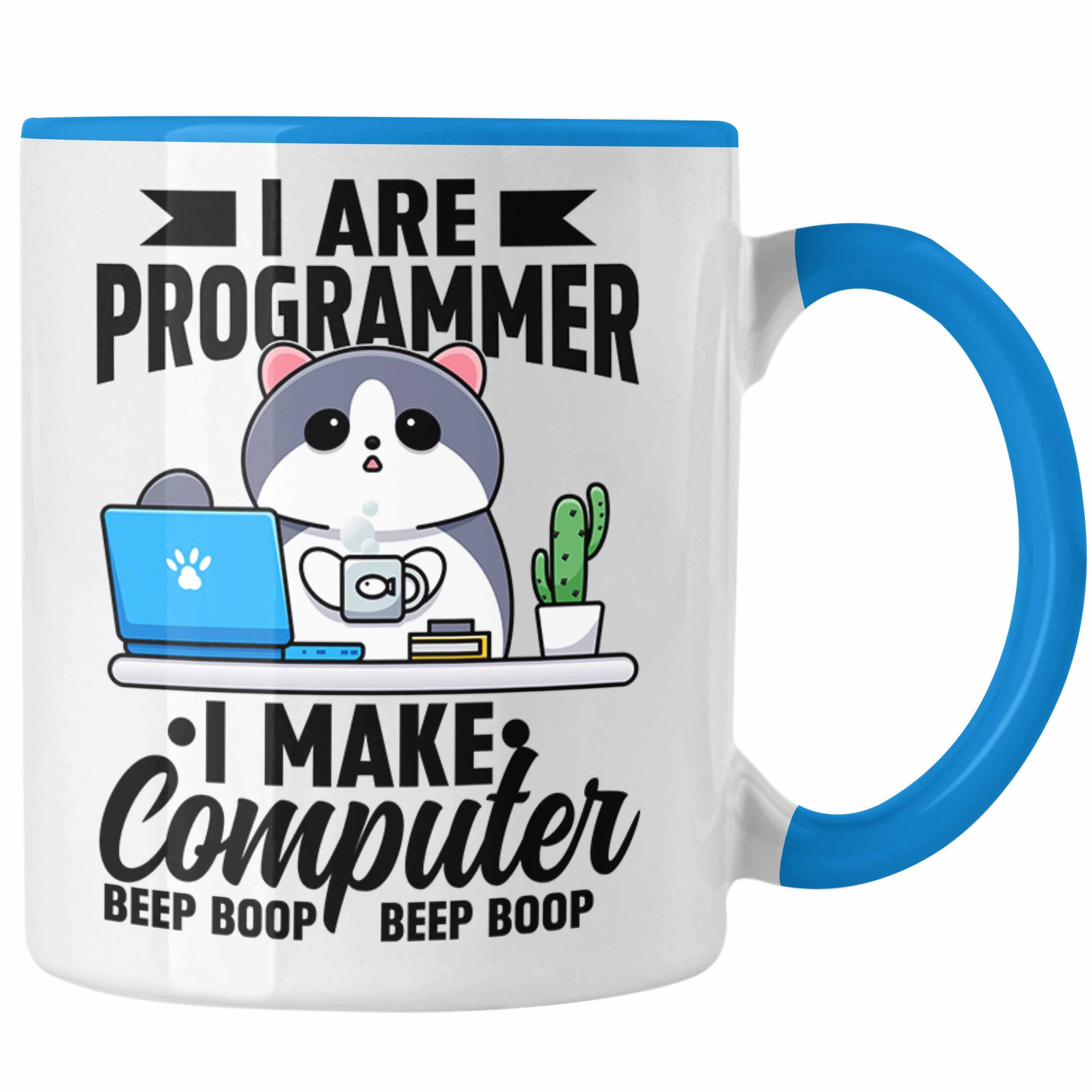 Trendation Tasse Trendation - Lustige Programmierer Tasse Geschenk Humor I Are Programmer I Make Computer Beep Boop Lustiger Spruch Blau