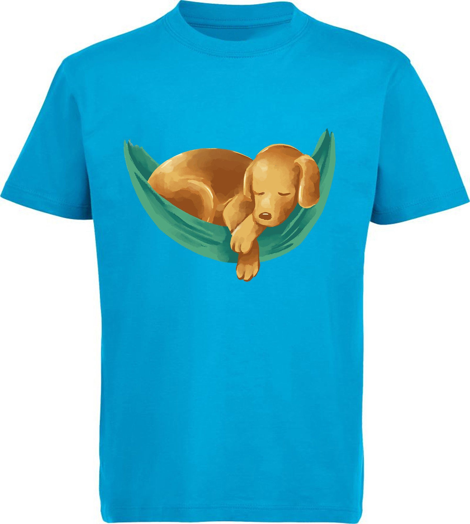 MyDesign24 T-Shirt Kinder Hunde Print Shirt bedruckt - Labrador Welpe in Hängematte Baumwollshirt mit Aufdruck, i245 aqua blau | T-Shirts