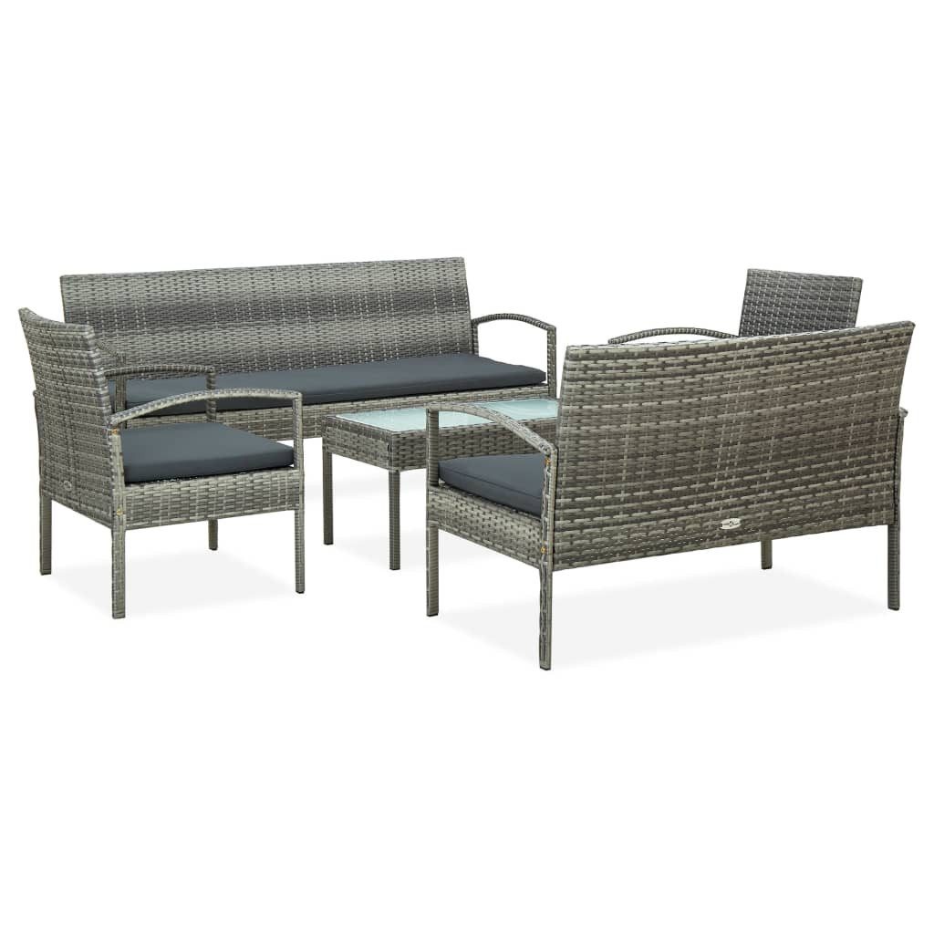 vidaXL Gartenlounge-Set 5-tlg. Garten-Lounge-Set mit Auflagen Poly Rattan Grau, (5-tlg)