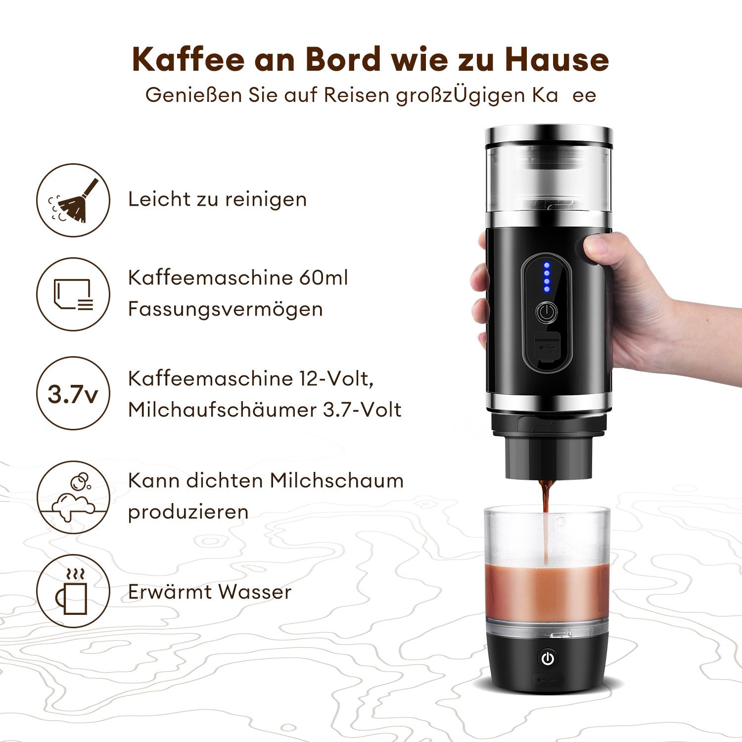 CkeyiN Pro Filterkaffeemaschine Tragbare,Kaffeemaschine Auto,Portable Reisekaffeemaschine,für unterwegs oder Camping, Kabelloser Betrieb, mit Milchaufschäumer