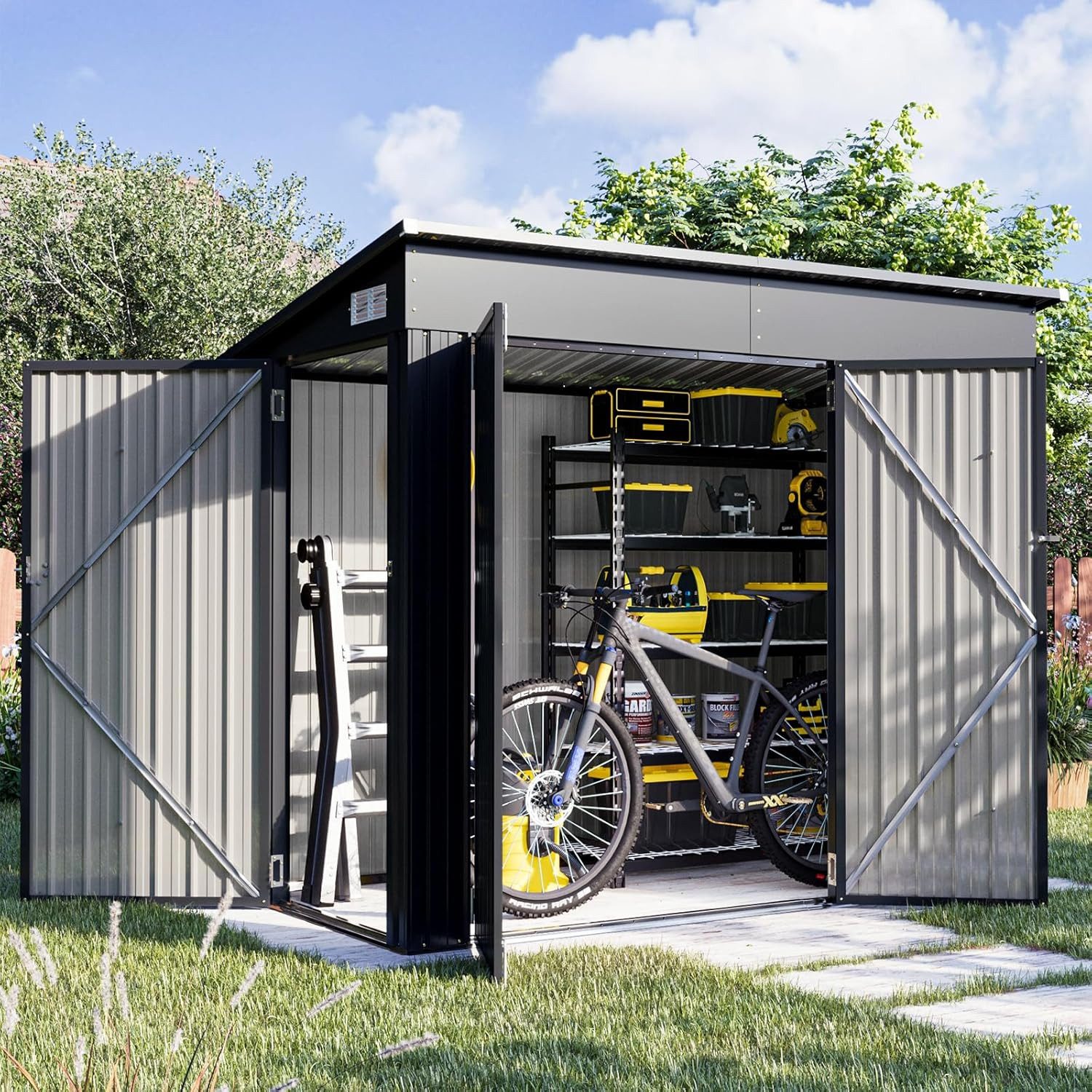 AOXUN Gerätehaus Metall-Geräteschuppen mit Schrägdach & abschließbarer Tür, BxT: 232x131 cm, (1 St), Außenschuppen 232×221×183 cm, 4,47 m³ Stauraum