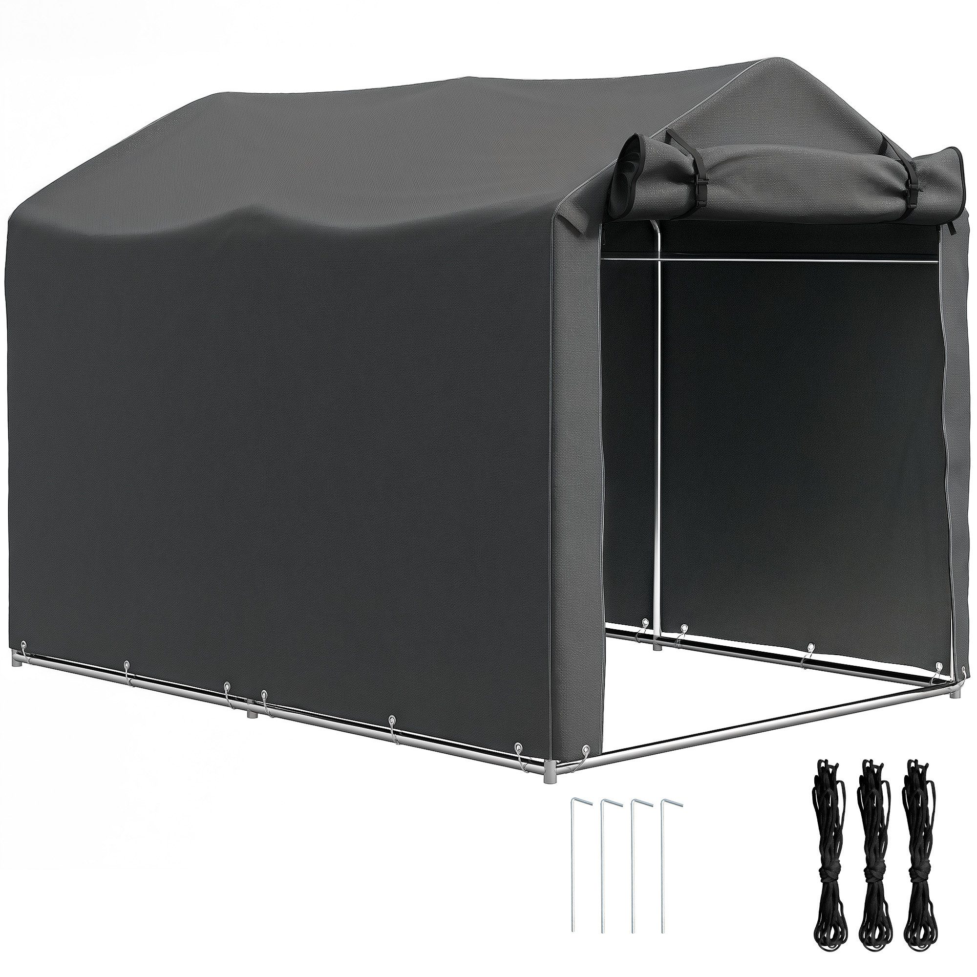 MC Star Gartenhaus Garagenzelt mit aufrollbarem Eingang, Seilen und Heringen, (aus verzinktem Metall und PE, 220 x 157 x 165 cm, Dunkelgrau)