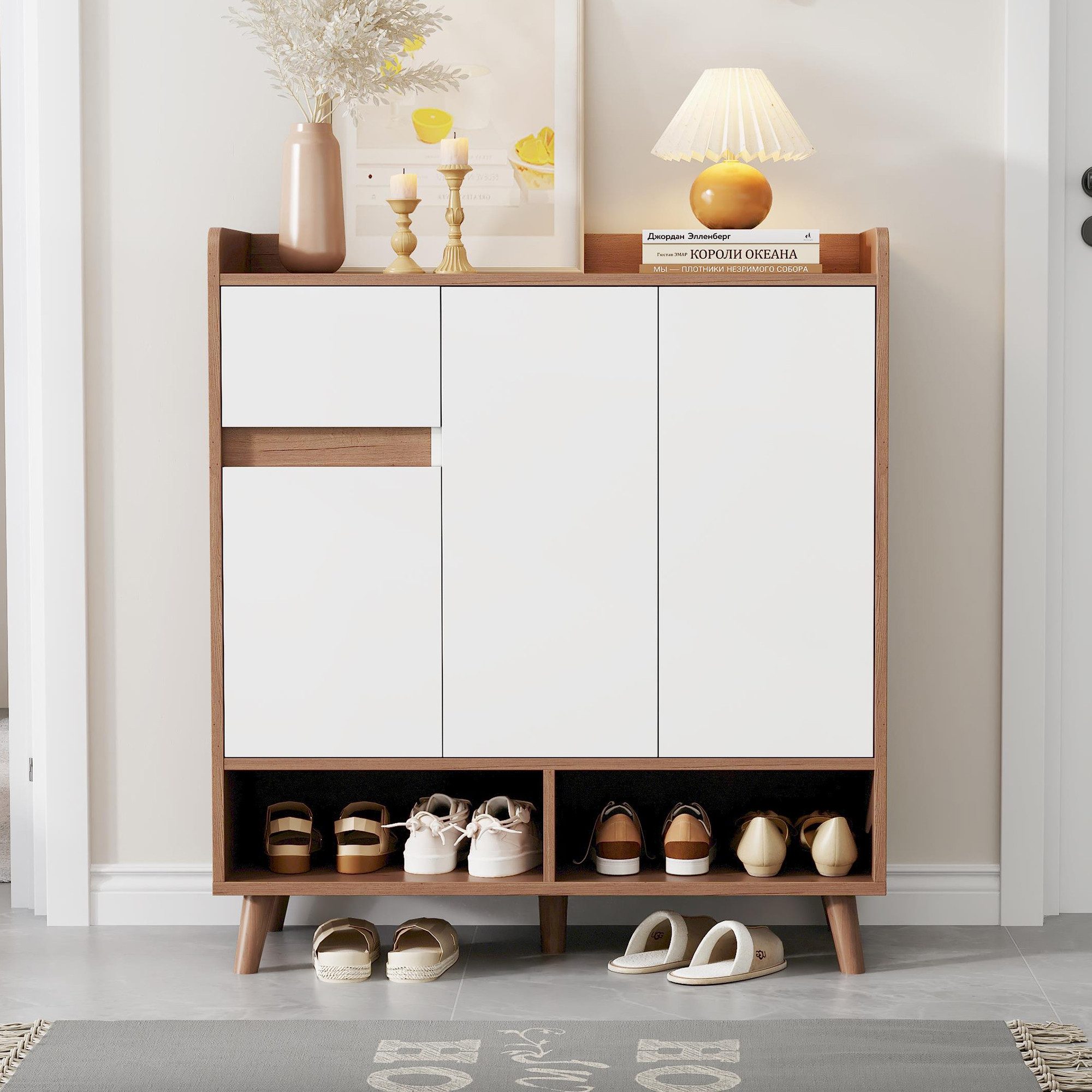 Luckice Schuhregal Schuhschrank mit verstellbaren Einlegeböden, Set, Minimalistischer Home Organizer mit Massivholzbeinen