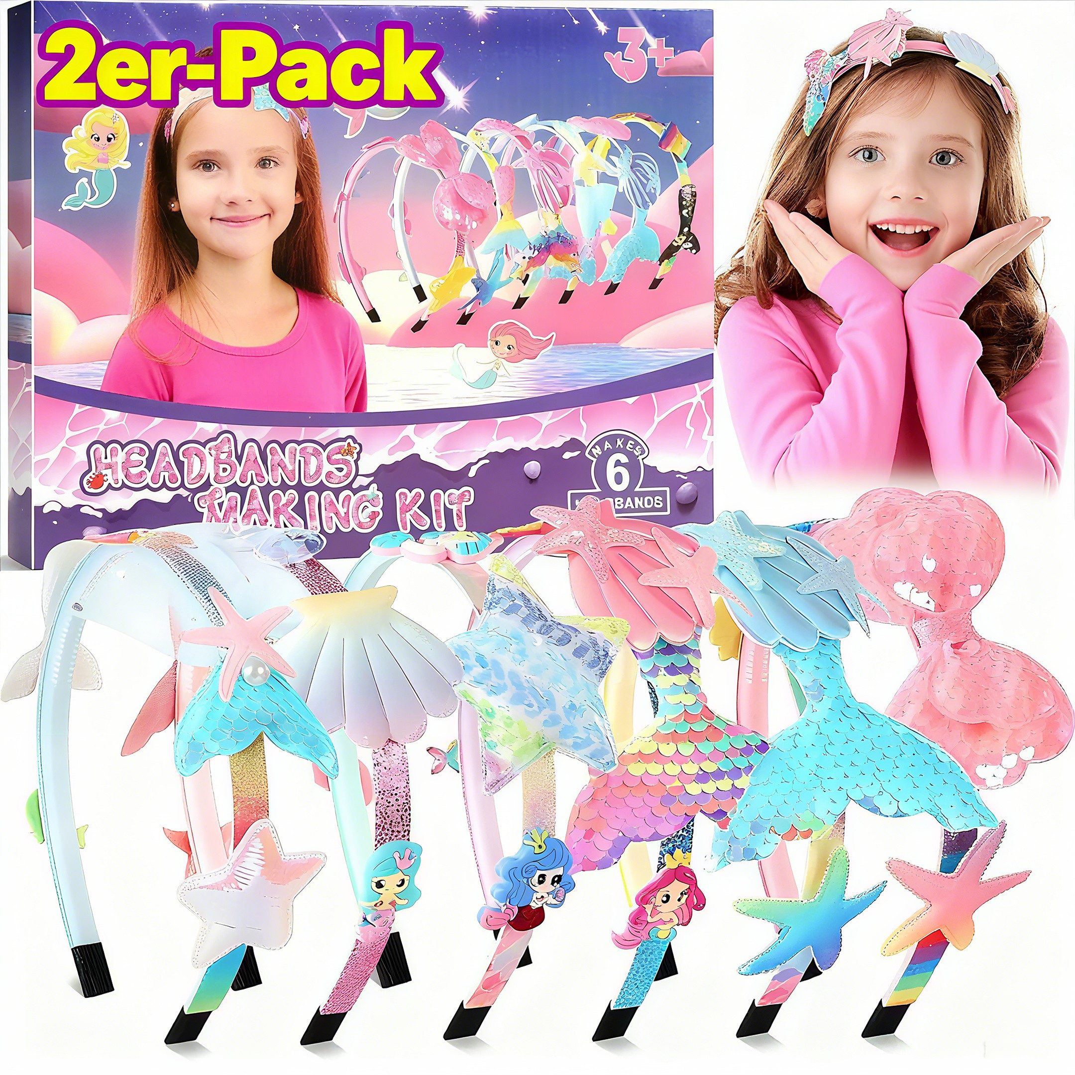 POPOLIC Haarband Haarreifen Mädchen, Meerjungfrau Geschenk mädchen 5 Jahre, 2-tlg., Haarreifen Selber Machen Basteln Mädchen, Geburtstagsgeschenk, Haarschmuck bastelset mädchen Kinder ab 5 6 7 8 9 10 11 12 Jahre