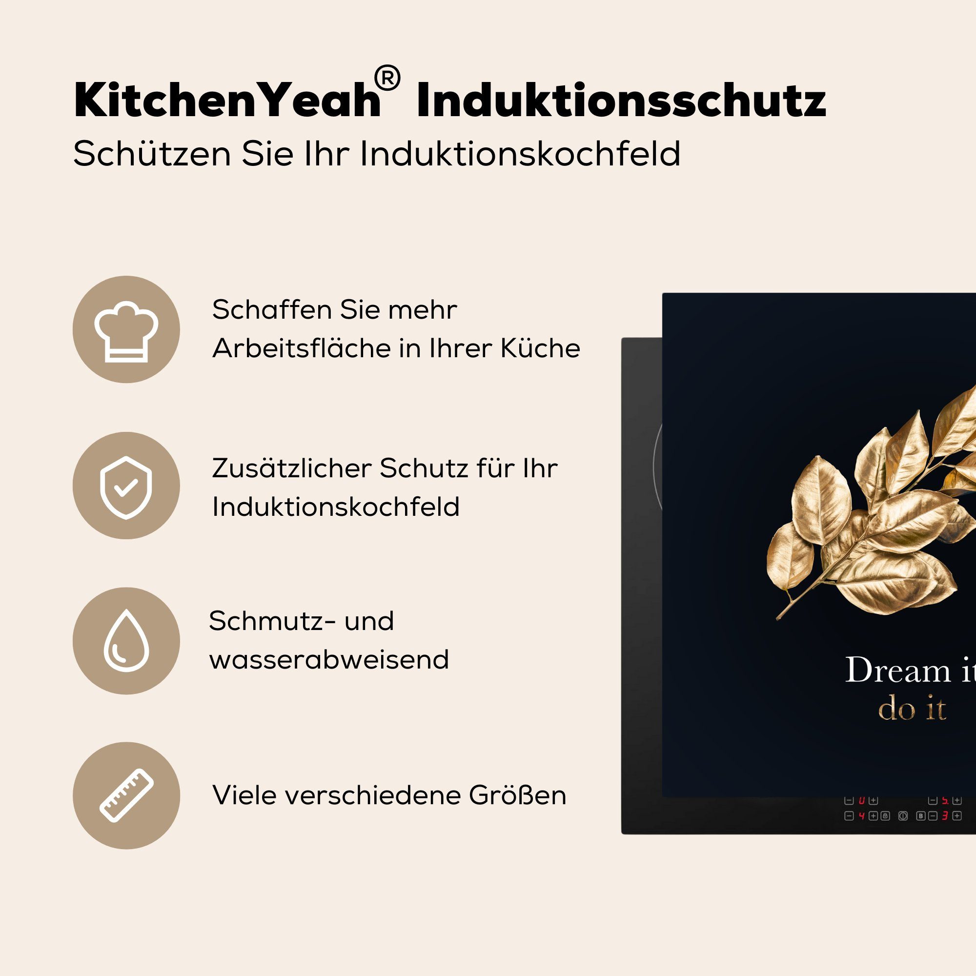 MuchoWow Herdblende-/Abdeckplatte Blätter - 78x78 - tlg), küche Schwarz Ceranfeldabdeckung, und (1 Vinyl, Zitate für Gold, Arbeitsplatte cm