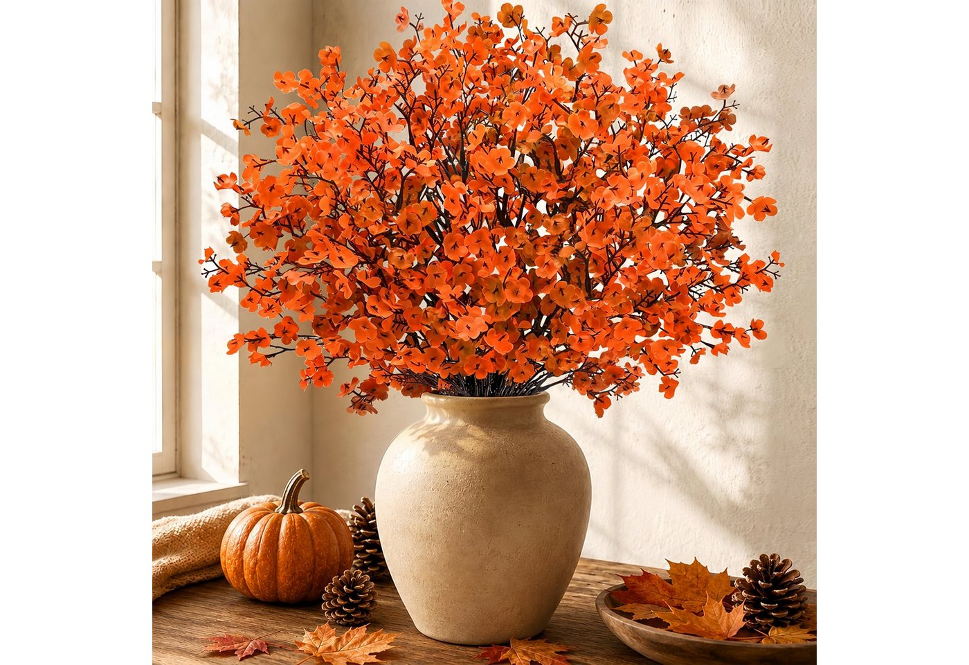 Kunstblumenstrauß 12 künstliche Schleierkraut-Zweige in Orange für Herbstdeko, FOUORTUNATE-BEE, Orange Kunstblumen für Tisch, Kamin & Thanksgiving-Deko