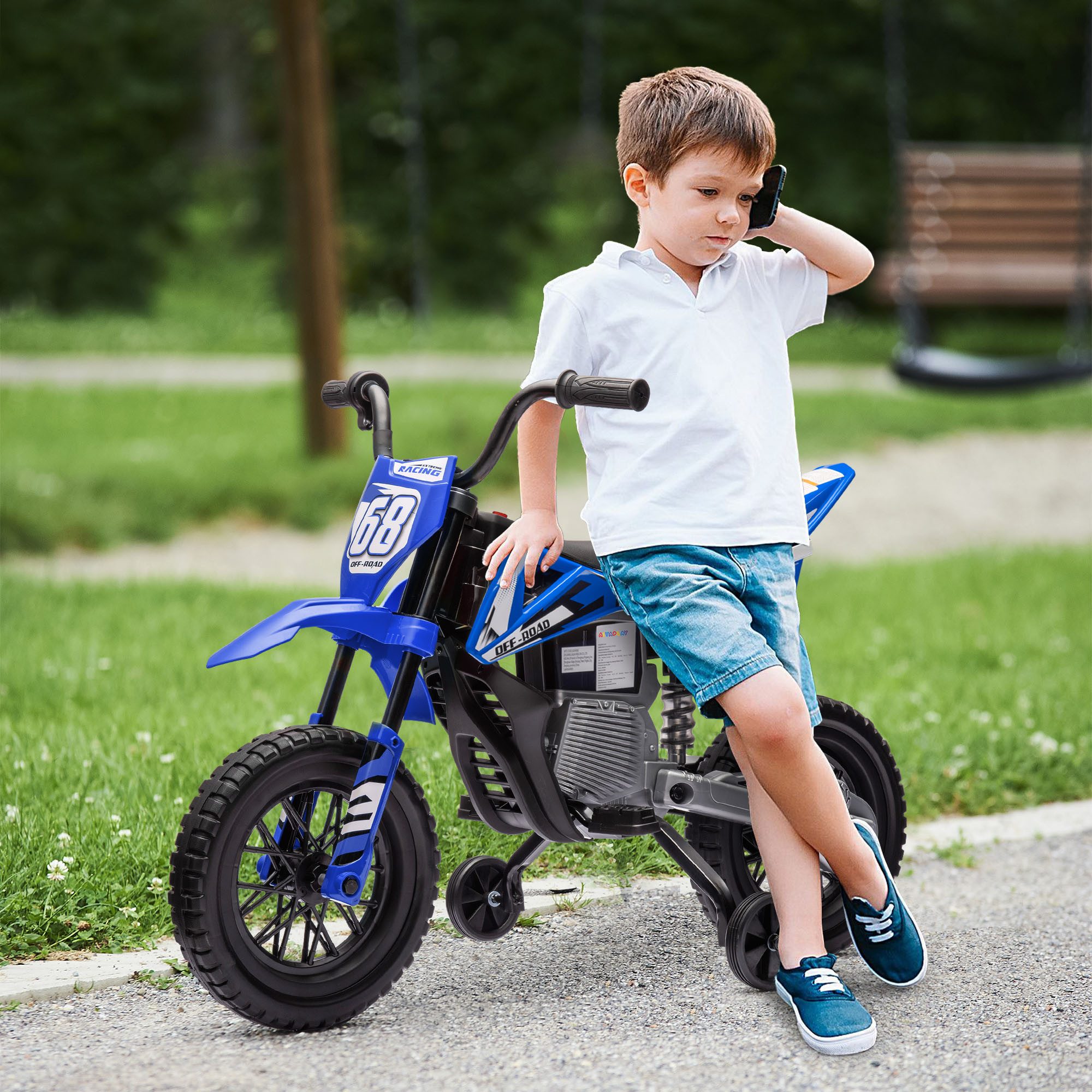 AIYAPLAY Elektro-Kindermotorrad 12V mit Musik, abnehmbar Trainingsrädern, 2,4-5 km/h, Belastbarkeit 30 kg, (1-tlg), für 3-6 Jahre Kinder, max. 30 kg, Blau