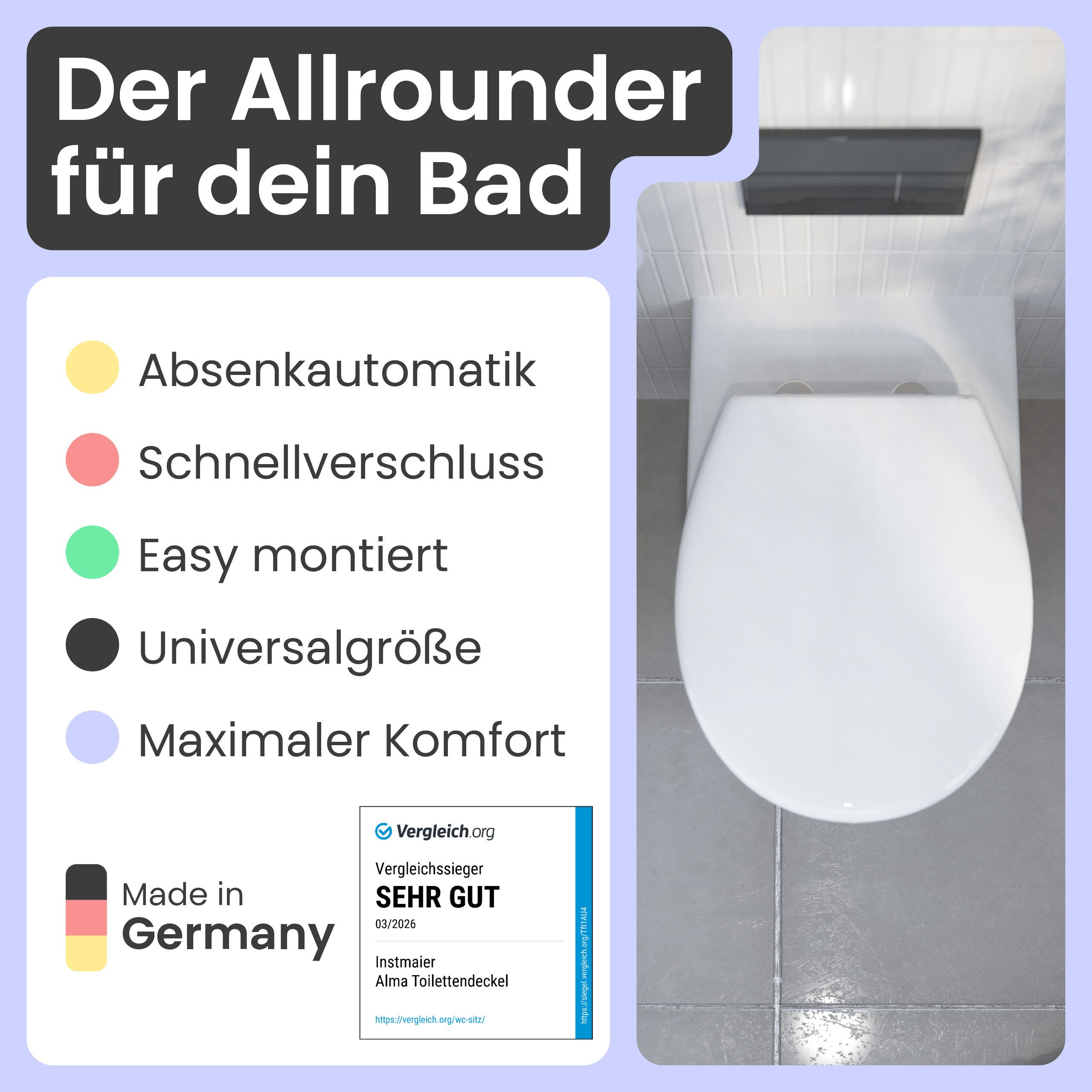 instmaier WC-Sitz Alma, Made in Germany, bakterienabweisendes Duroplast, bis 250kg, weiß, mit Absenkautomatik, zur Reinigung abnehmbar