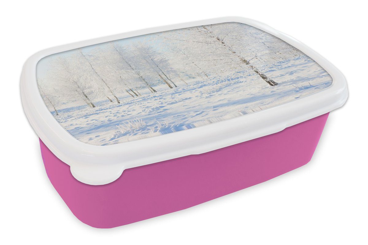 MuchoWow Lunchbox Schnee - Bäume - Winter, Kunststoff, (2-tlg), Brotbox für Erwachsene, Brotdose Kinder, Snackbox, Mädchen, Kunststoff rosa