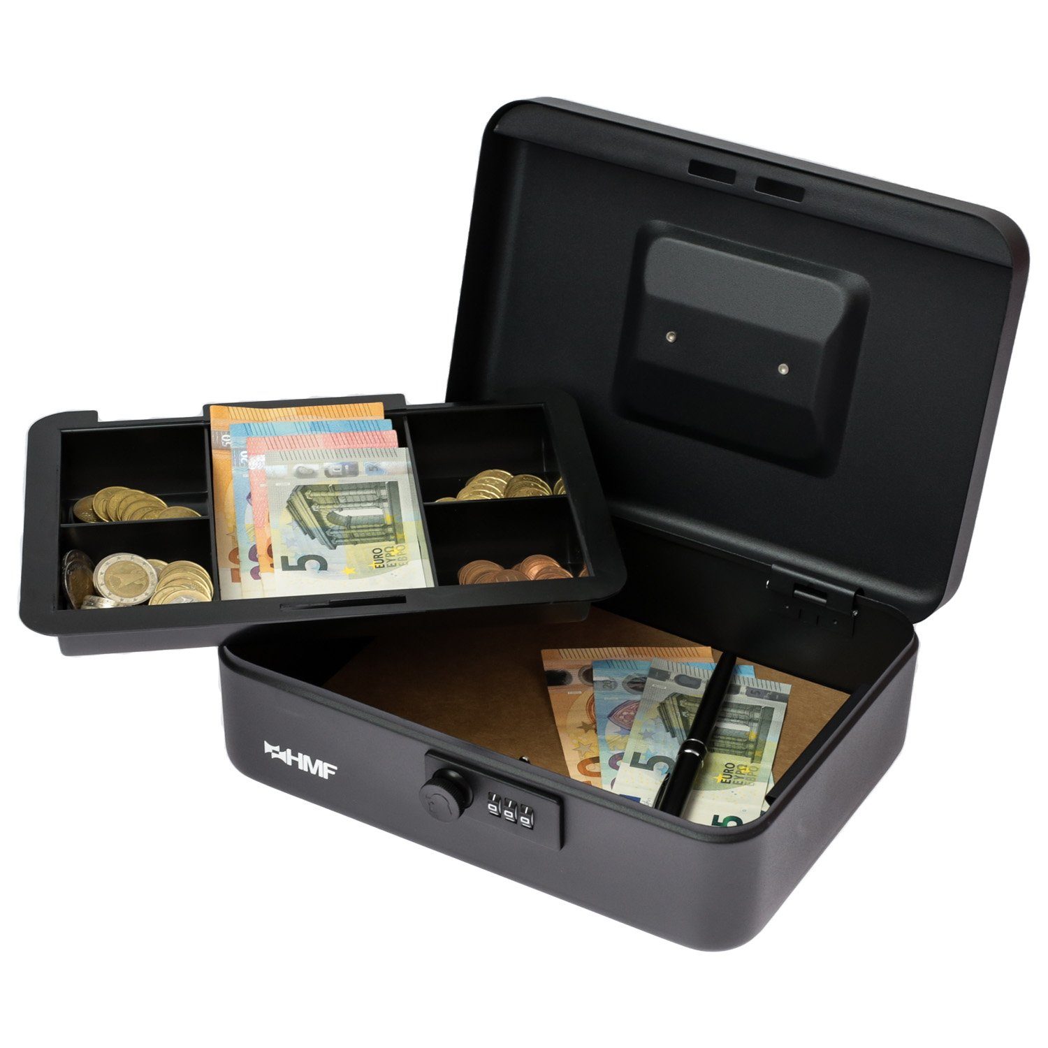 Geldkassette Abschließbare Geldbox mit 25x18x8,5 cm mit HMF Münzeinsatz, Bargeldkasse Zahlenschloss, robuste