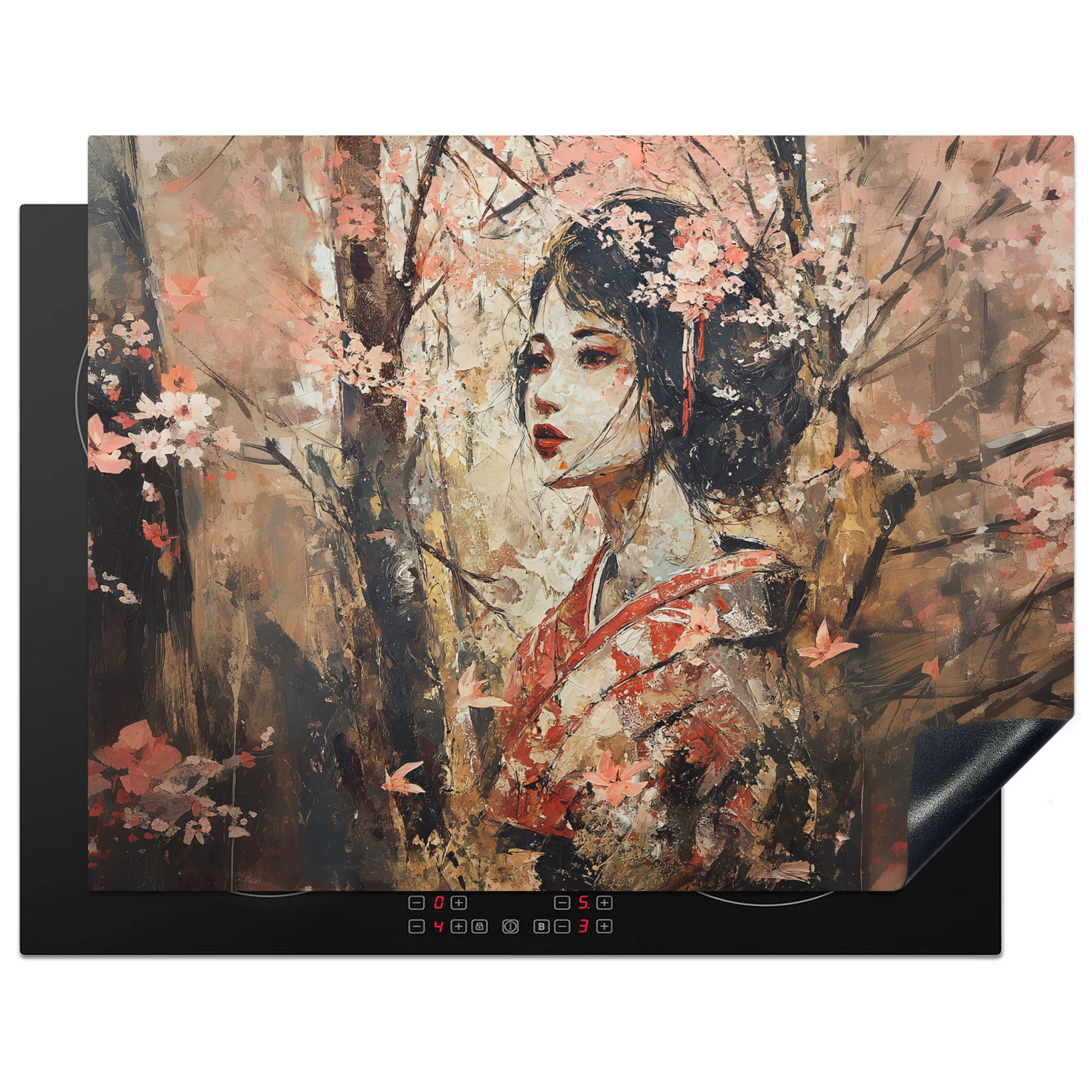 MuchoWow Herd-Abdeckplatte Kimono - Frau - Kirschbäume, Vinyl, (1 tlg), Küche Herdabdeckplatte Ceranfeld, Küchengeräte, 77x59 cm
