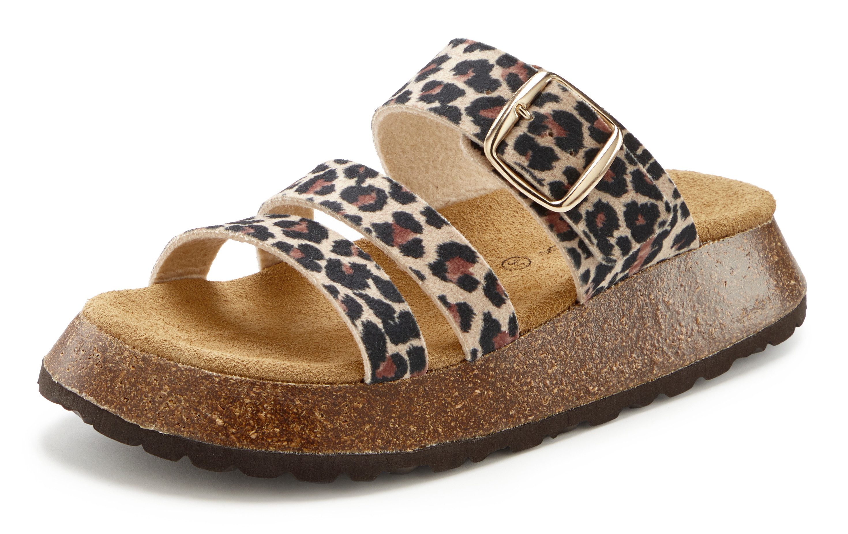 French Connection Mule, Sandale, offener Schuh, Sommerschuhe Pantolette aus Leder mit Korkfußbett und Plateausohle