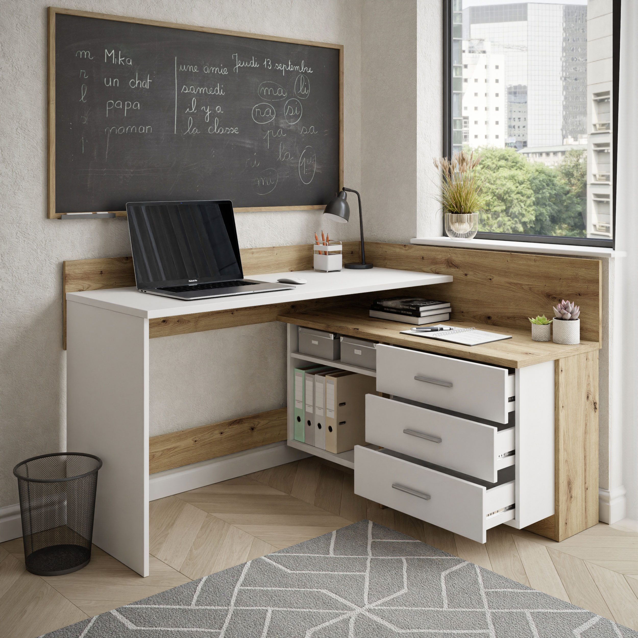 Lookway Eckschreibtisch ECKE – geräumig, stabil und stilvoll in Artisan-Eiche, 130x110x82x57 cm