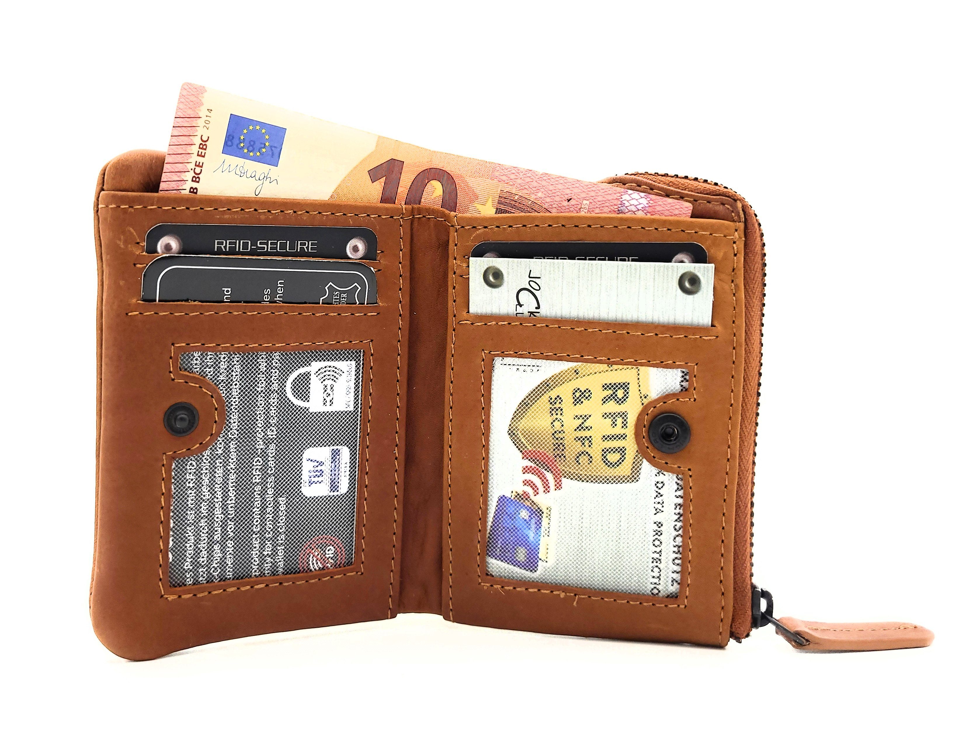 Rindleder, kompaktes Portemonnaie Geldbörse mit vintage, CLUB Leder gewachstes cognac braun RFID Format, Schutz, Mini JOCKEY echt