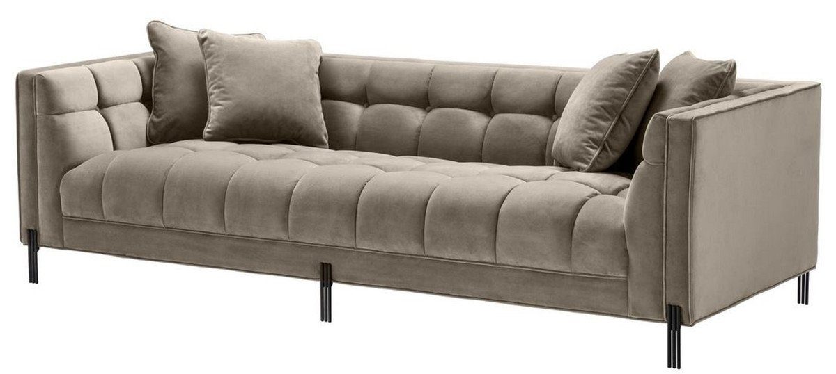 Casa Padrino Sofa Luxus Samt Sofa mit 4 Kissen Greige / Schwarz 231 x 95 x H. 68 cm - Wohnzimmer Sofa - Luxus Qualität