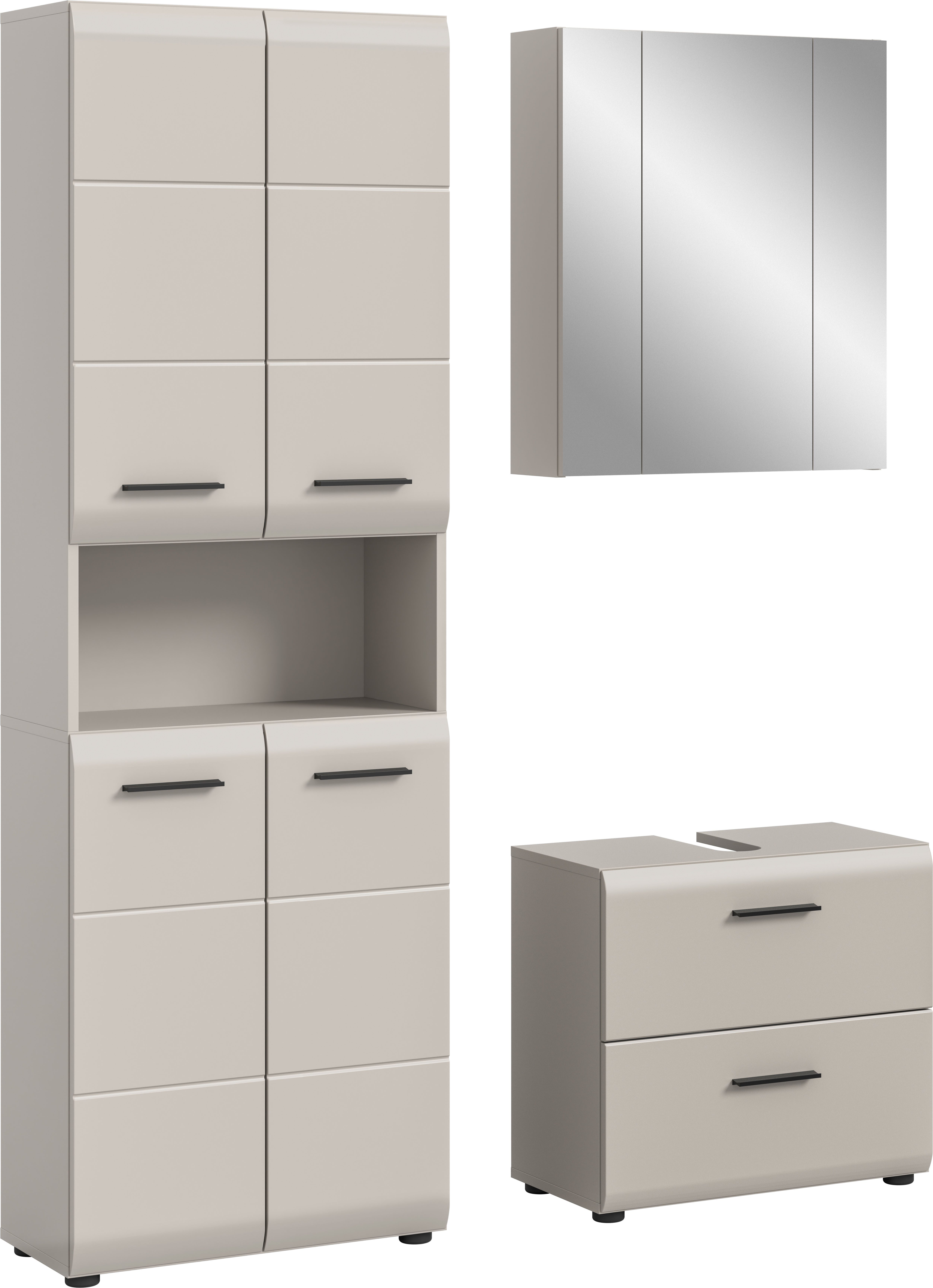 welltime Badmöbel-Set FLORENZ, 3-teilige Badkombination, hochwertige MDF-Front, (Set, 3-St., best. aus: 1 Hochschrank, 1 Waschbeckenunterschrank, 1 Spiegelschrank), Bad-Kombination, Bad-Möbel, Badezimmer, Kombination, Kombi