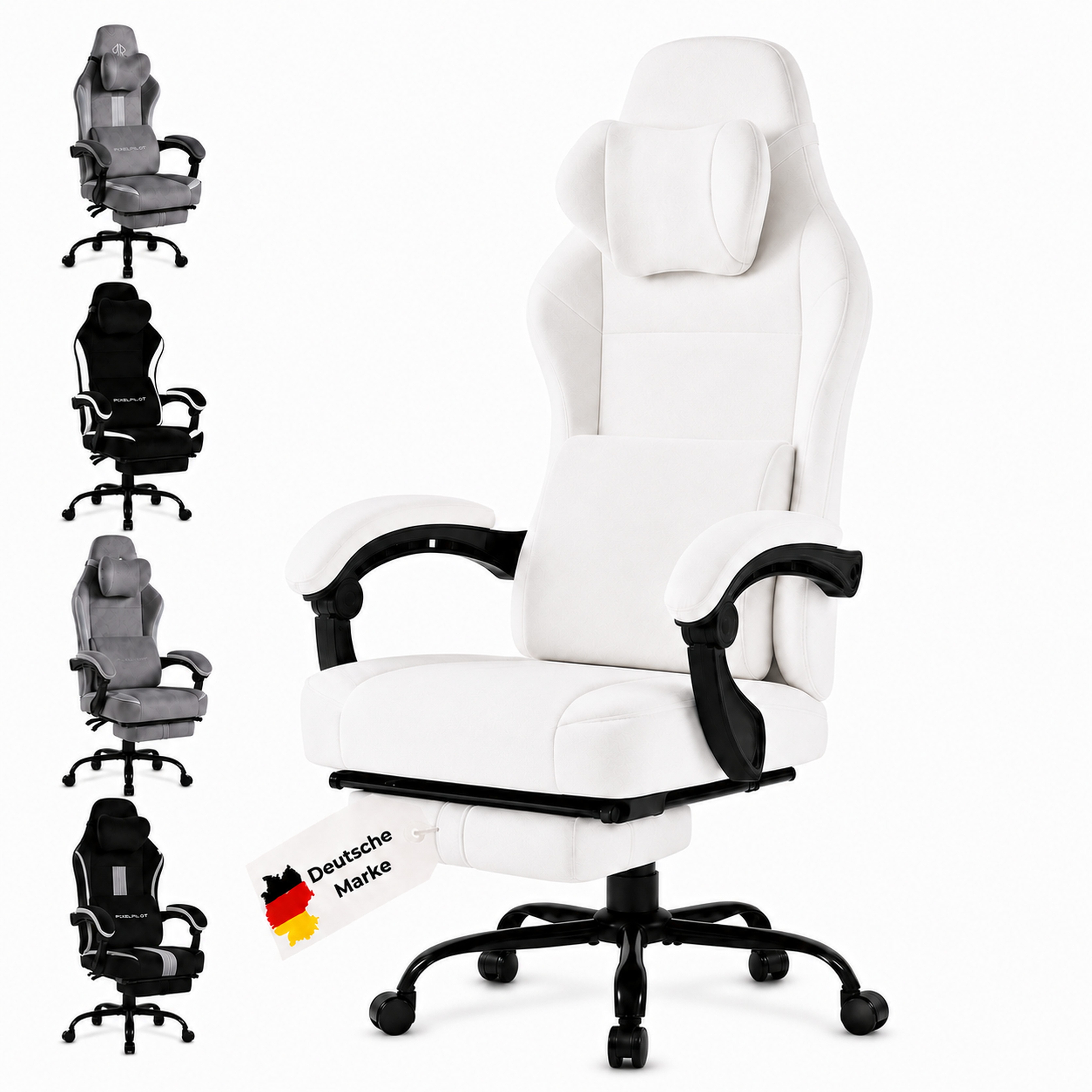 PixelPilot Gaming-Stuhl Ergonomischer Gaming-Stuhl mit breitem Sitz und Fußstütze, bis 150 kg (Einzelartikel), Breite Sitzfläche, verstellbare Rückenlehne und ausziehbare Fußstütze