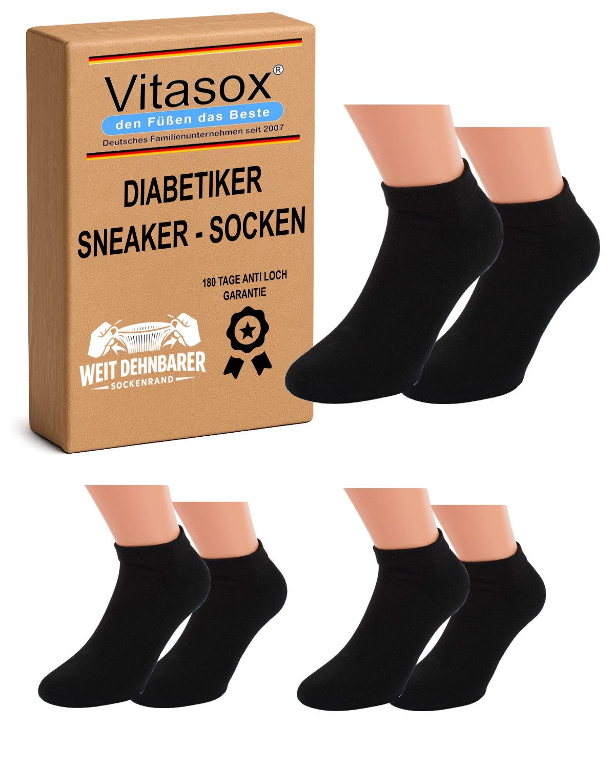 Vitasox Sneakersocken für Diabetiker im 2er Pack, ohne Gummi und ohne Einschneiden (2-Paar) mit weichem und dehnbarem Komfortbund