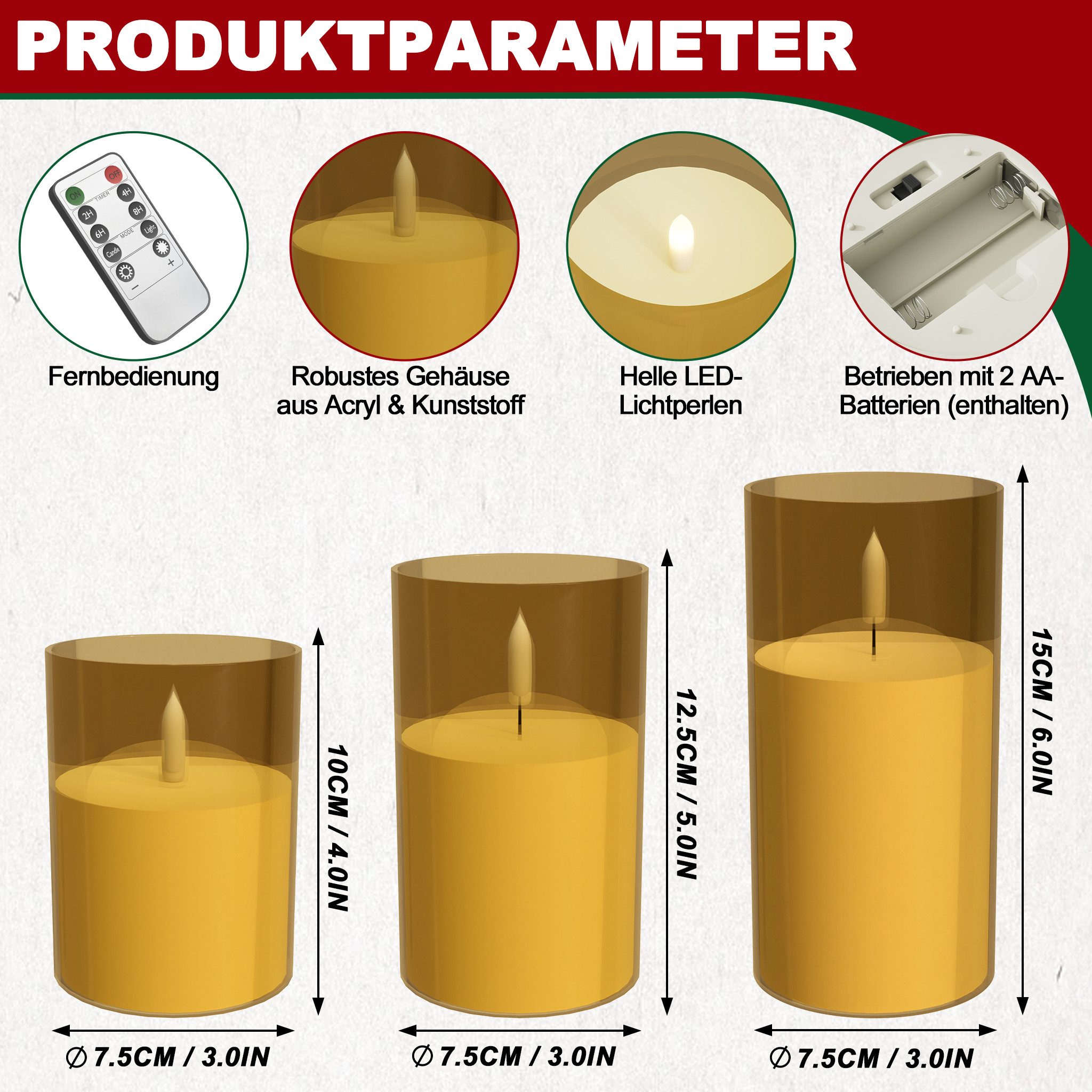 FIVMEN LED-Kerze 3 Stück LED Kerzen Flammenlosekerzen mit Fernbedienung Acr günstig online kaufen