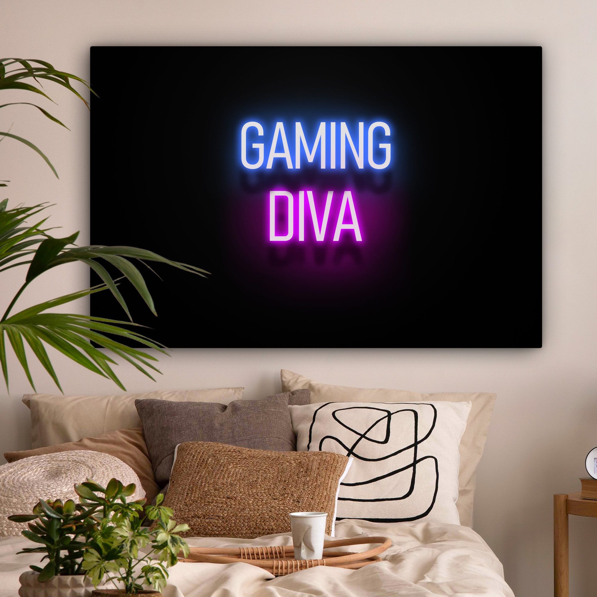 OneMillionCanvasses® Leinwandbild Gaming - Zitate - Neon - Gaming-Diva - Frauen, Fotodruck (1 St), Gaming Bilder, Wandbild Gamingzimmer, Deko Wandbilder Gamer 140x90 cm