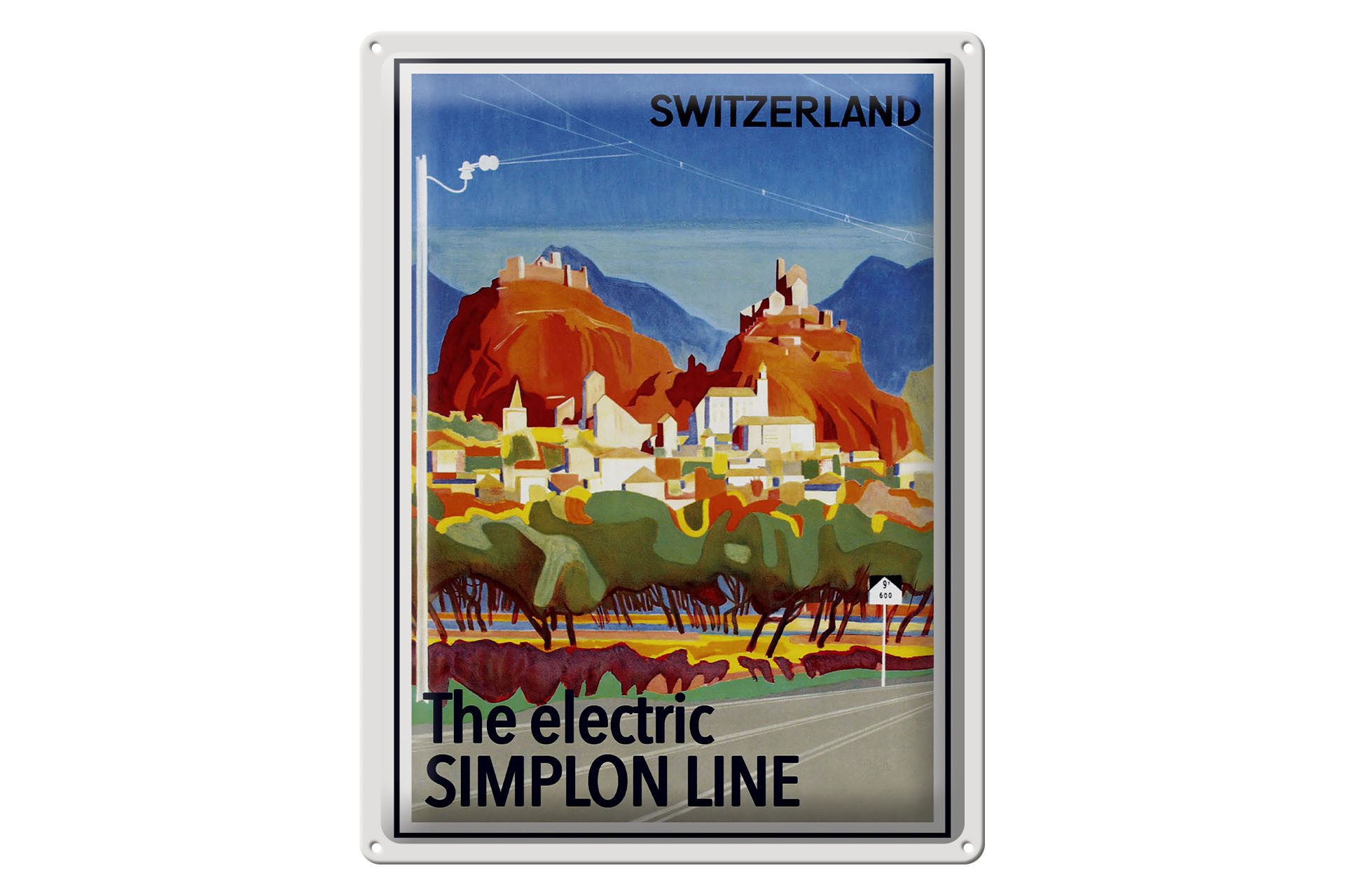 Femer GmbH Metallschild Reise 30x40 cm Schweiz The electric Simlon line, (1 St), gewölbte Oberfläche, abgerundete Ecken, umgeschlagene Kanten