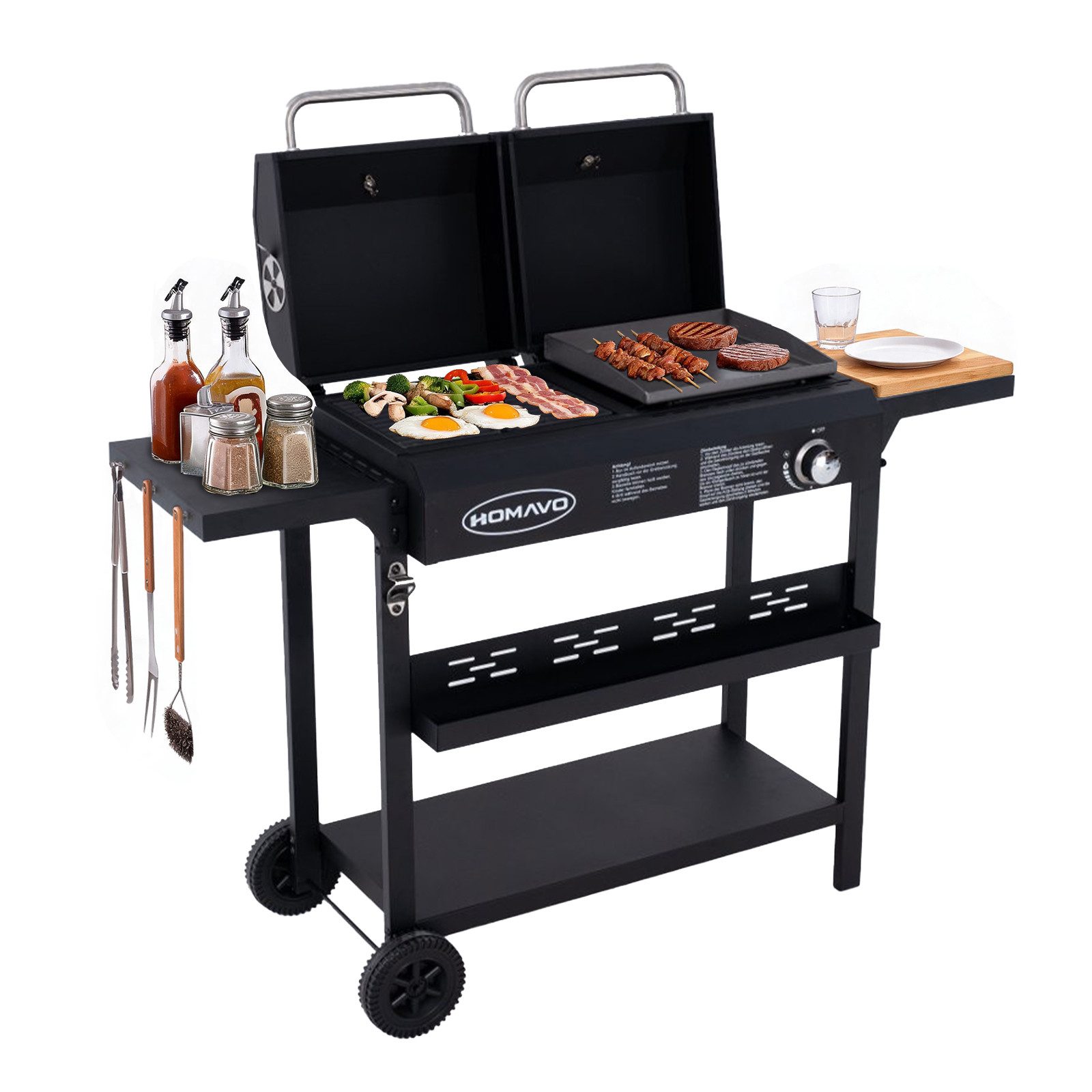 HOMAVO Gasgrill 2-in-1 Gas- & Holzkohlegrill, BxTxH: 130×43×92,8 cm, inkl. Flaschenöffner + Haken + Montagewerkzeugsatz