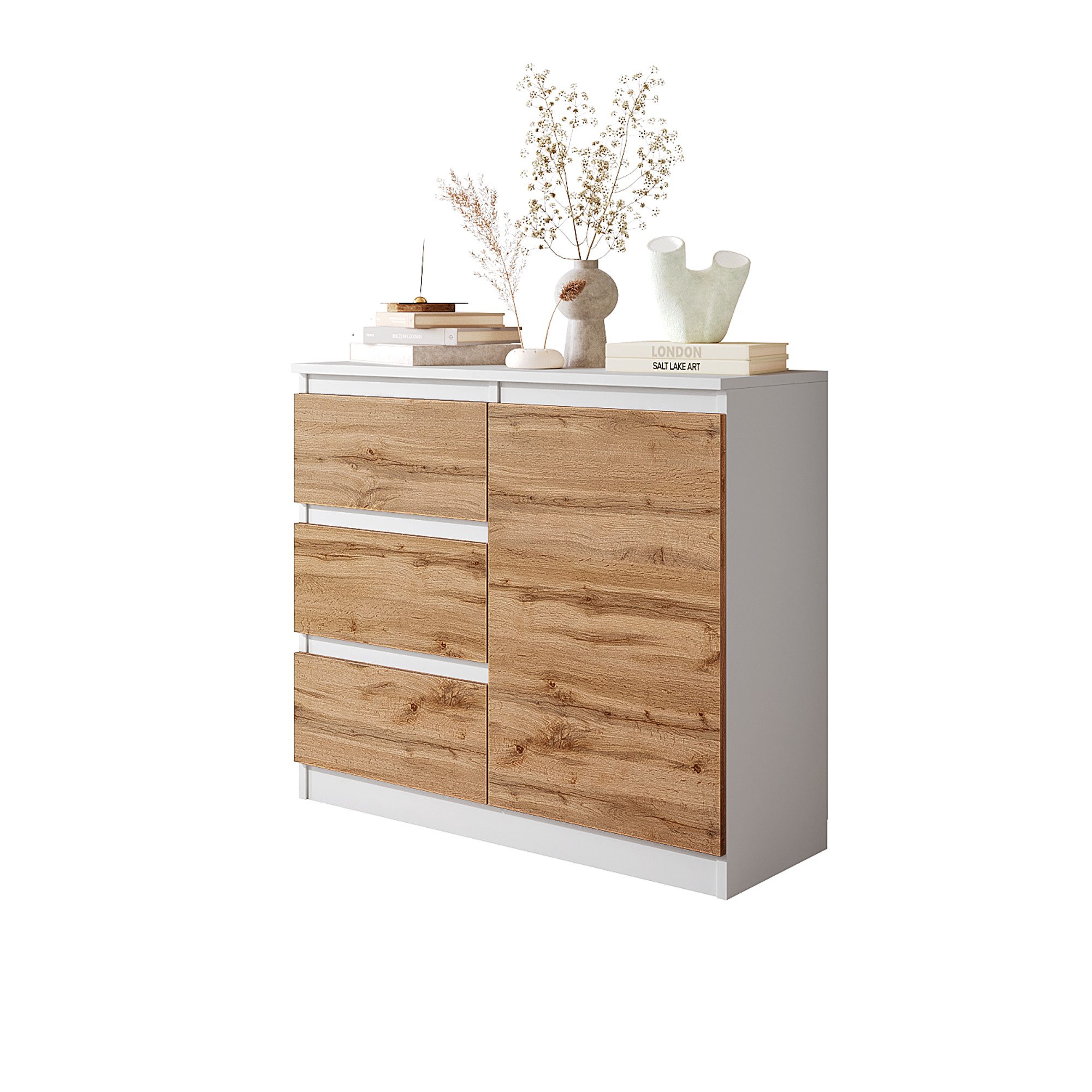 Furnica Kommode Weiß Matt 80 cm mit 3 Schubladen und 1 Tür- Wohn - und Schlafzimmer